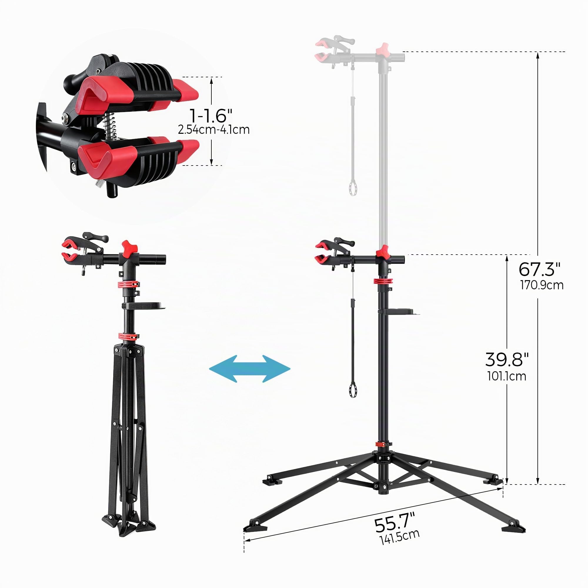 Profi Fahrrad Reparaturständer, mit großem rechteckigem magnetischem Werkzeugtablett und Vorderradhalter, 360° drehbarer Klemmkopf, klappbar & universell verstellbar, bis 30 kg belastbar