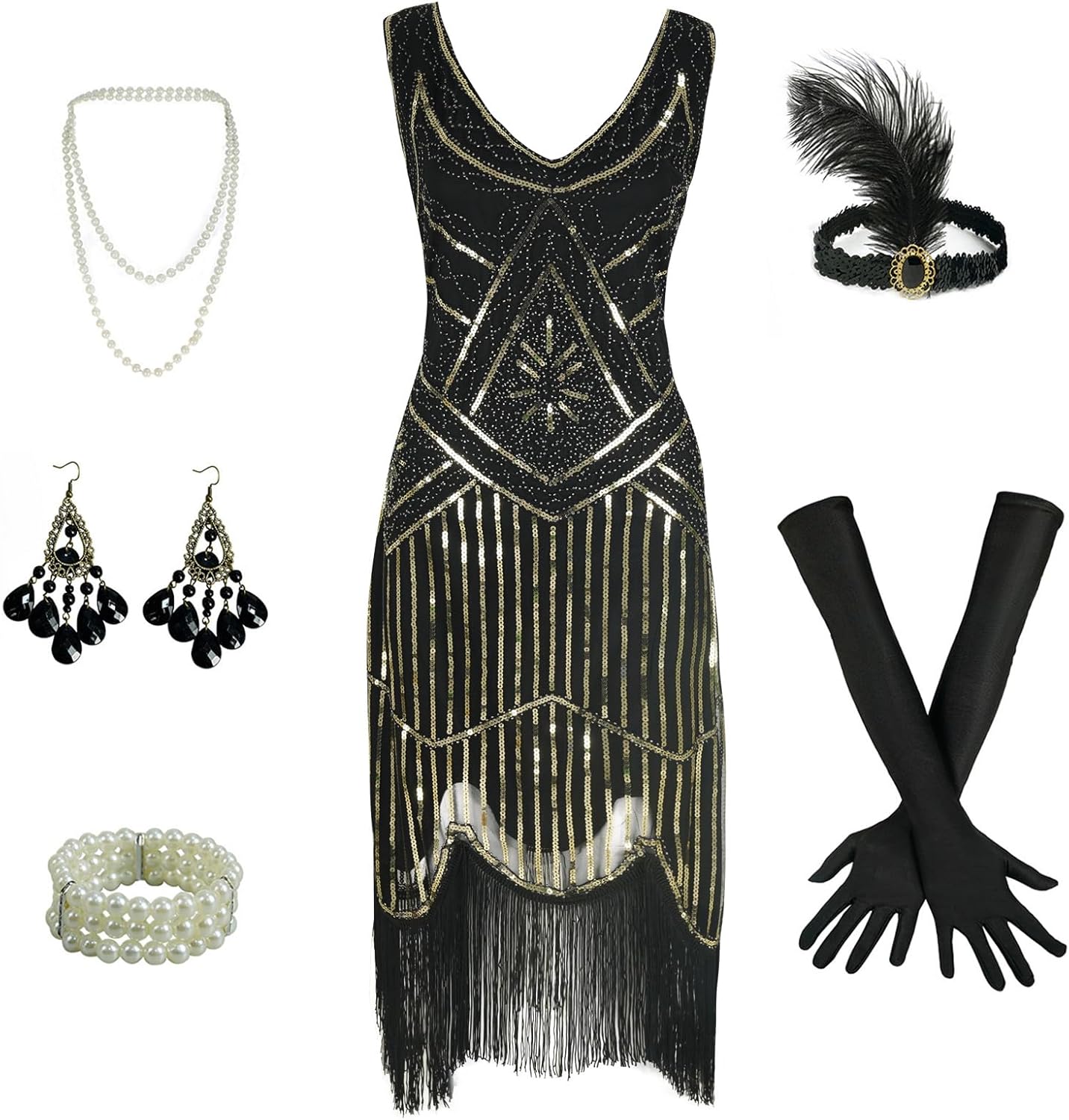 Eunchaes 1920s Gatsby Sequin Fringed Beaded Flapper Dress Cocktail Dress with Roaring 20s Accessories Set