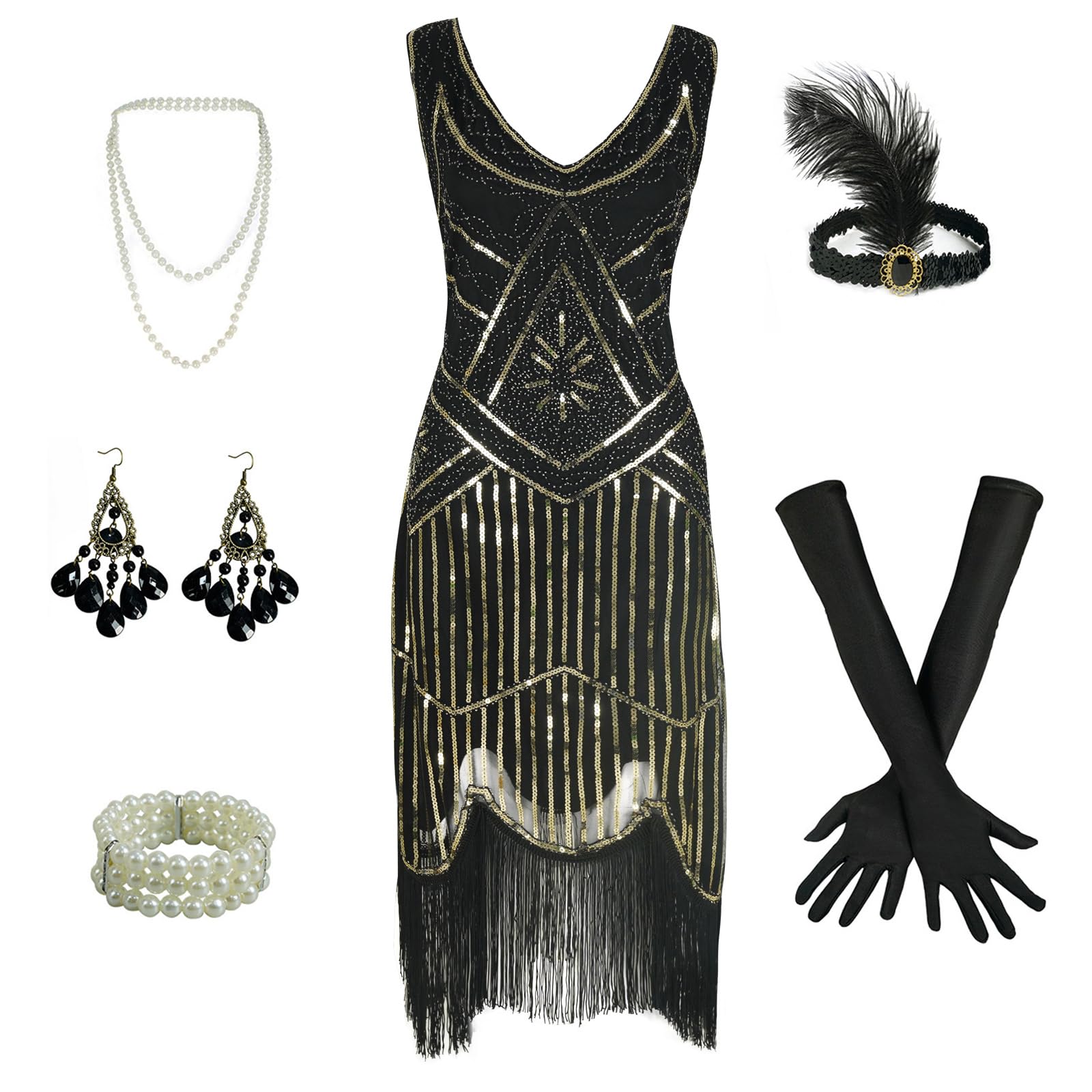 Eunchaes 1920s Gatsby Sequin Fringed Beaded Flapper Dress Cocktail Dress with Roaring 20s Accessories Set