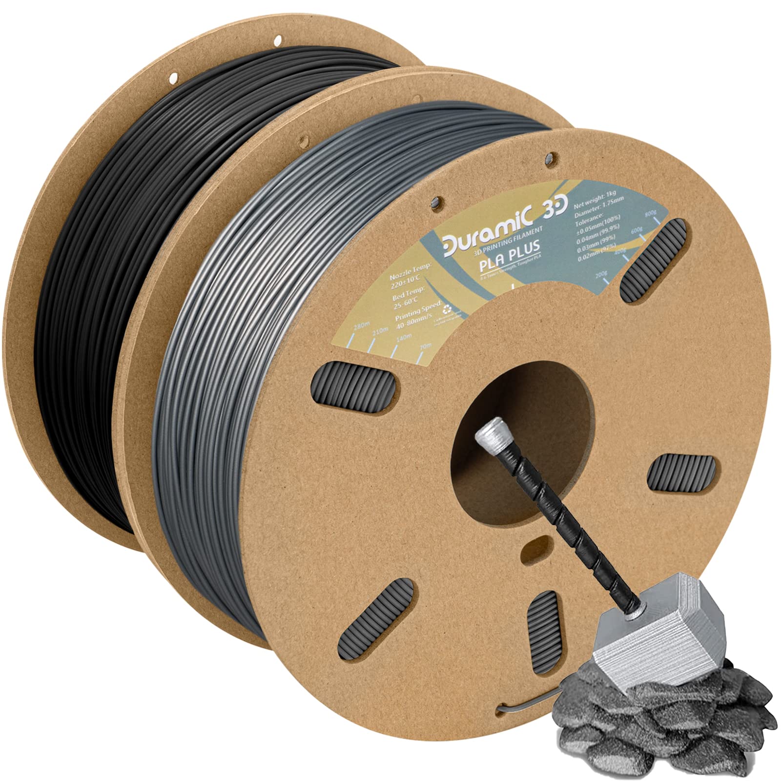 DURAMIC 3D Premium PLA Plus Printer Filament 1.75mm, 3D Printing Filament with Build Surface 200 x 200mm, 1kg Spool(2.2lbs), Dimensional Accuracy +/- 0.05 mm (Black, Silver, 2 Pack)