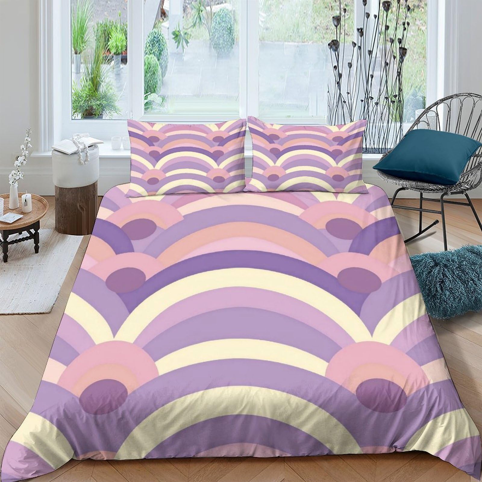 GPLZQXKJNH 3D Printed Retro Rainbow Duvet Cover Set Microfiber Soft Pastel Wave Quilt Cover with 2 Pillowcases for Bedroom Decor Single（135x200cm）