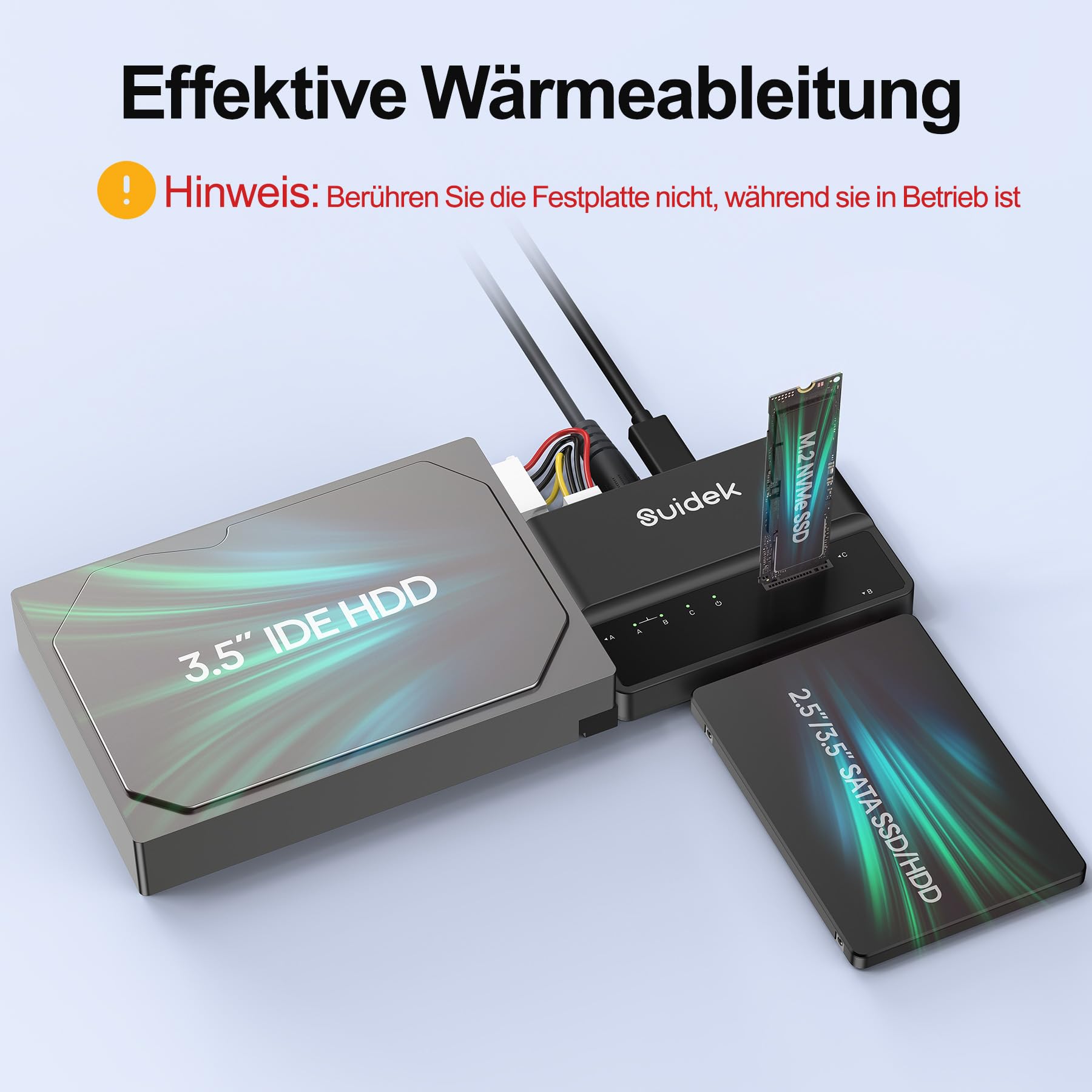 SUIDEK NVMe M.2 zu SATA Adapter, USB 10Gbps Festplattenlesegerät, PCIe NVMe, SATA und IDE Adapter, SSD Gehäuse unterstützt M.2(M Key&M+B Key) SSDs Aller Größen, 2,5/3,5 SATA SSD HDDs und 3,5 IDE HDDs