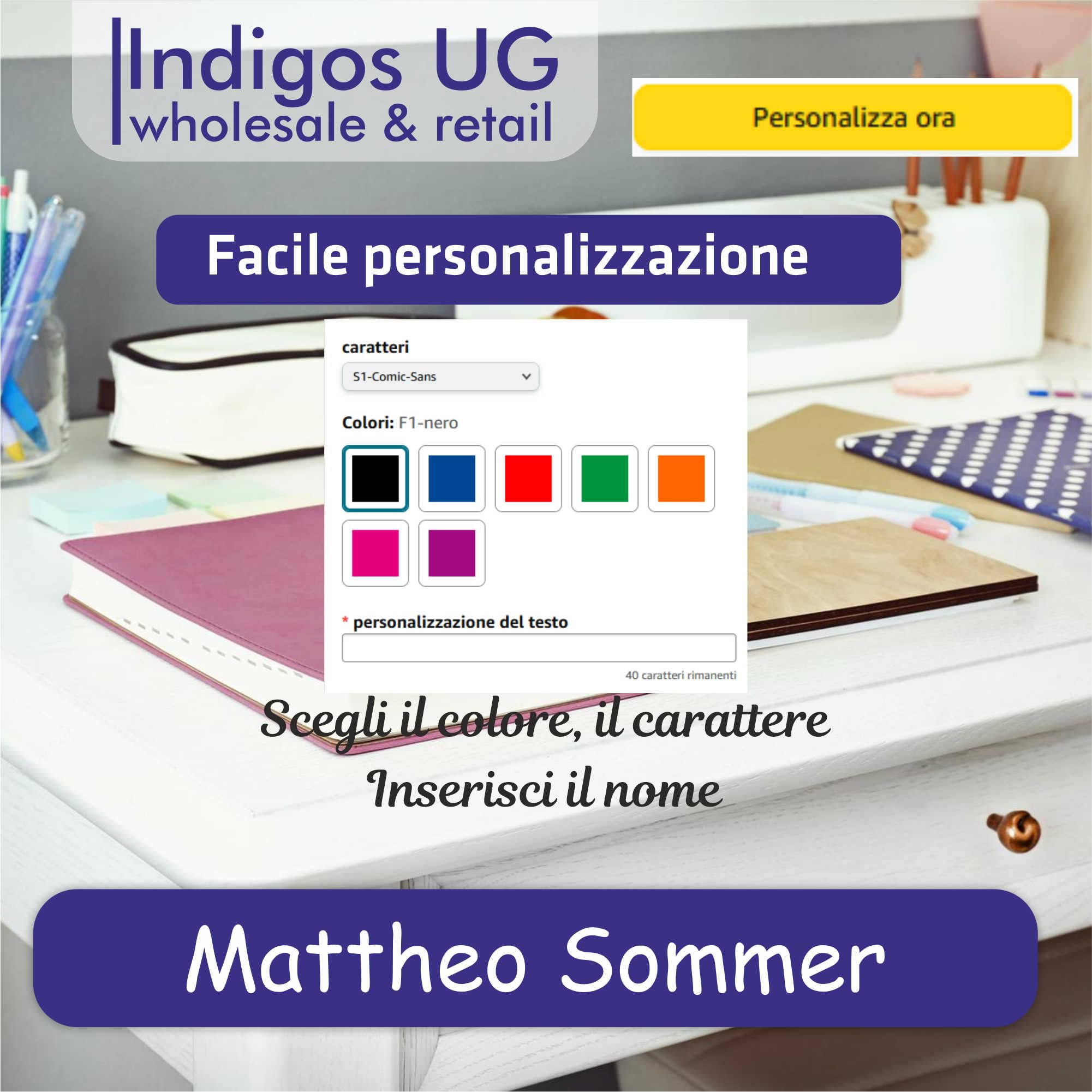 INDIGOS UG®, adesivi con nome - 36 x 7 mm - 300 pezzi per bambini, scuola e asilo - penne, astuccio, righello - sfondo blu - stampa individuale