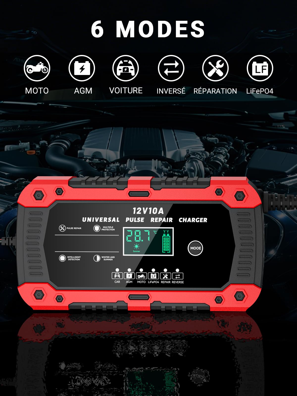 Chargeur Batterie Voitures Moto 12V 10A pour AGM Gel SLA Wet LiFePO4 | Intelligent Portable avec 6 Modes Fonction de Réparation Écran LCD pour Auto Moto
