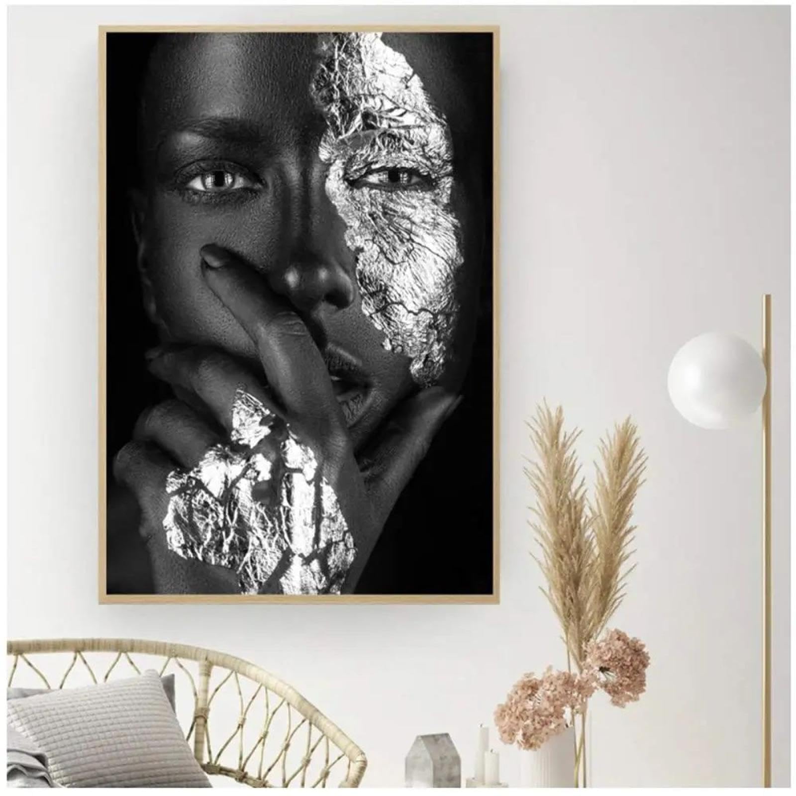 Dunkelhäutiges Mädchen mit silbernem Make-up, Gemälde afrikanischer Kunst, schwarze Frauen, Gemälde afroamerikanischer Kunst für das Wohnzimmer mit goldenem Rahmen, 80 x 140 cm