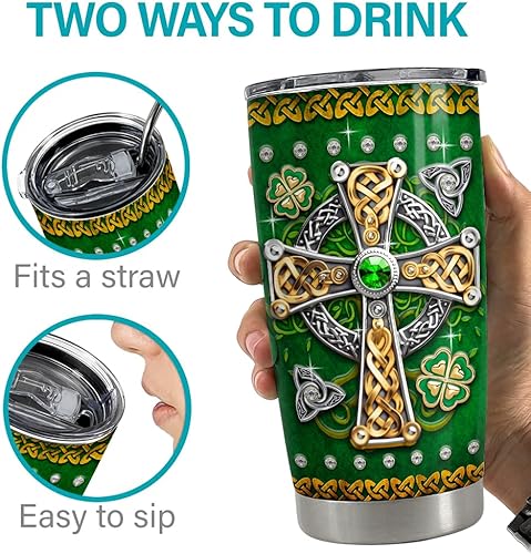 Miniatura 7 de SANDJEST Vaso irlandés de acero inoxidable con tapa de cruz celta de 20 onzas, regalos para mujeres, cumpleaños, Navidad