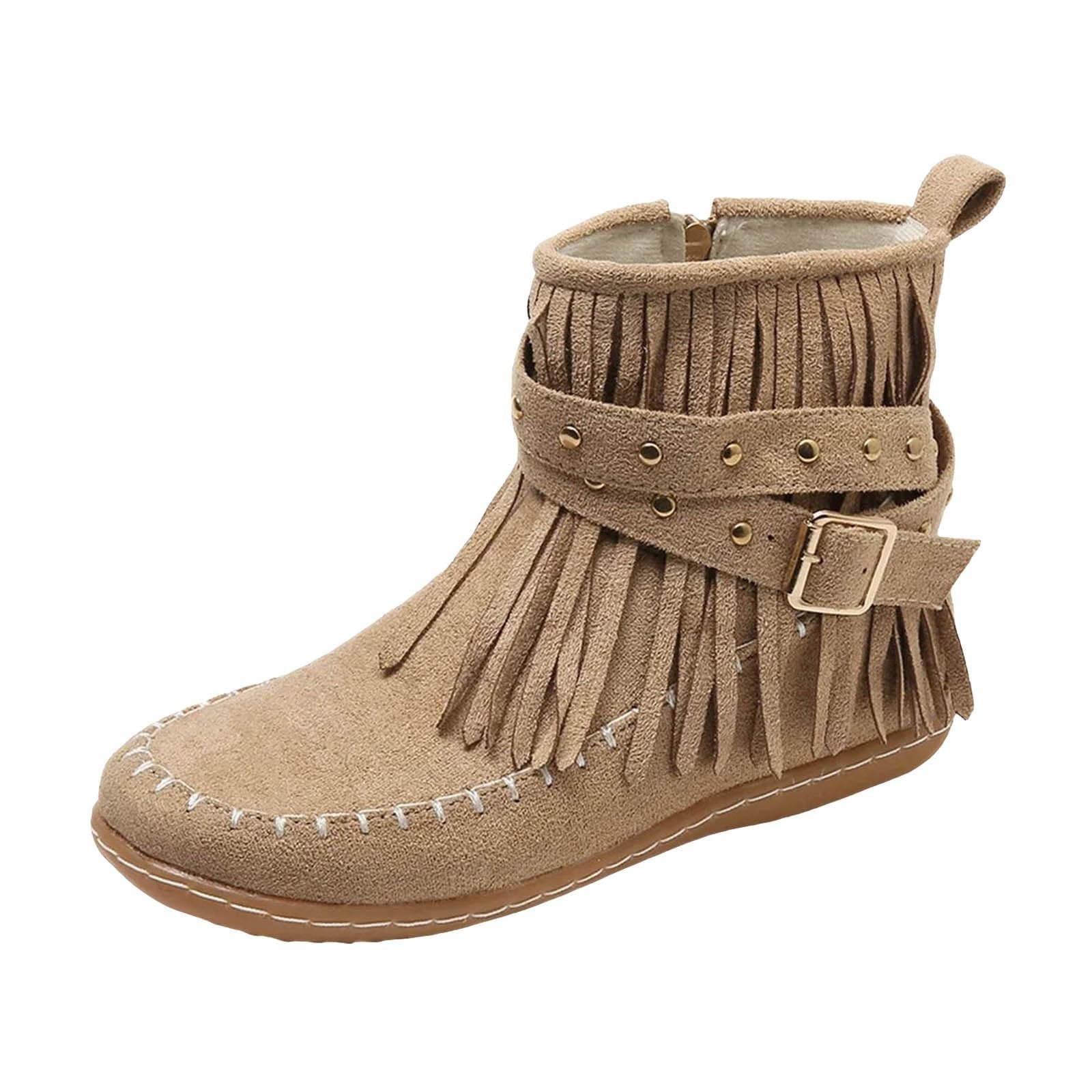 Womens Suede Fringe Ankle Boots Round Toe Flats Winter Warm Western Boho Boots for Women Vintage Casual Wide