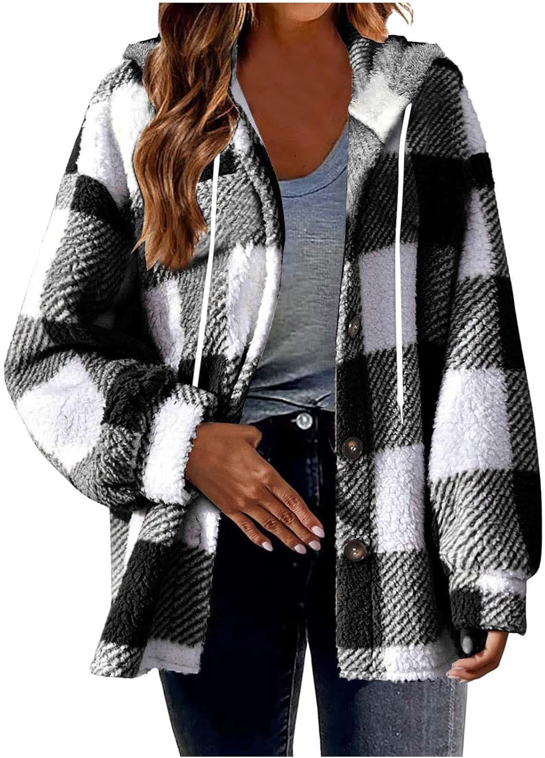 HGps8w Women's Plaid Fleece Winter Hoodies Coats - Plus Size Casual Long Sleeve Full Zip Warm Soft Furry Jackets Outerwear