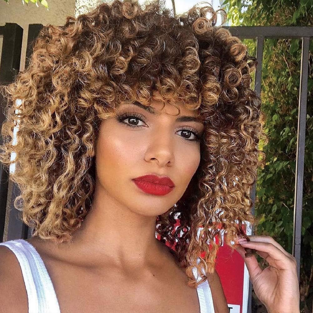 YEAME Curly Wigs for Black Women Curly Afro Wig Curly with Bangs 2 Tone Blonde Mixed Brown Heat Resistant Full Wig with 1 D Comb