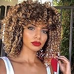 YEAME Curly Wigs for Black Women - Kinky Afro Curly Wig with Bangs 2 Tone Blonde Mixed Brown Color Synthetic Heat Resistant Full Wigs with 1 Wig Comb and 4pcs Wig Caps