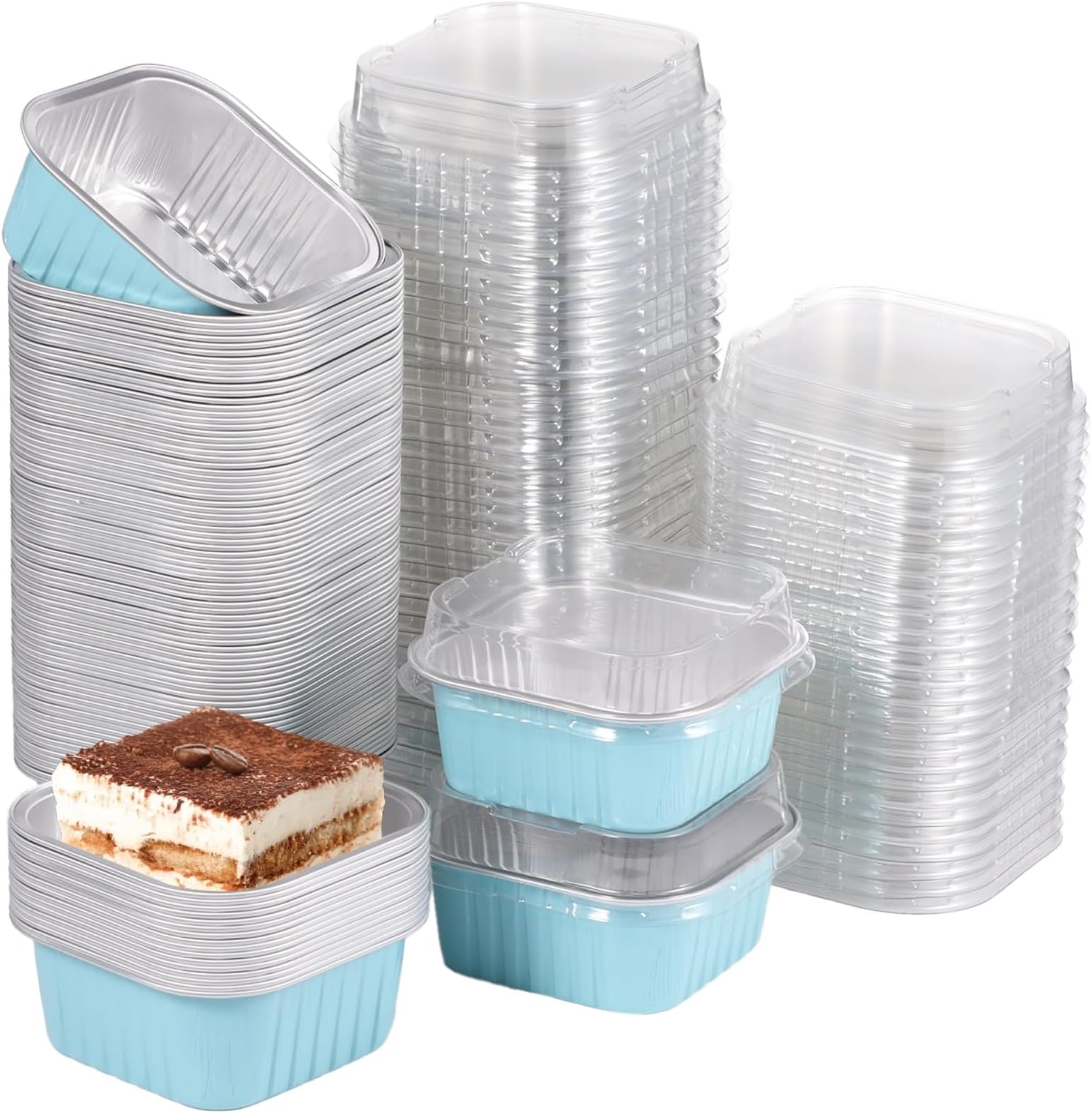 PONDON 100 Pcs Blue Mini Square Baking Cups, Cake Boxes With Lids, Disposable Ramekins, 5 Oz Cupcake Pans, Dessert Containers For Parties, Weddings, Birthdays