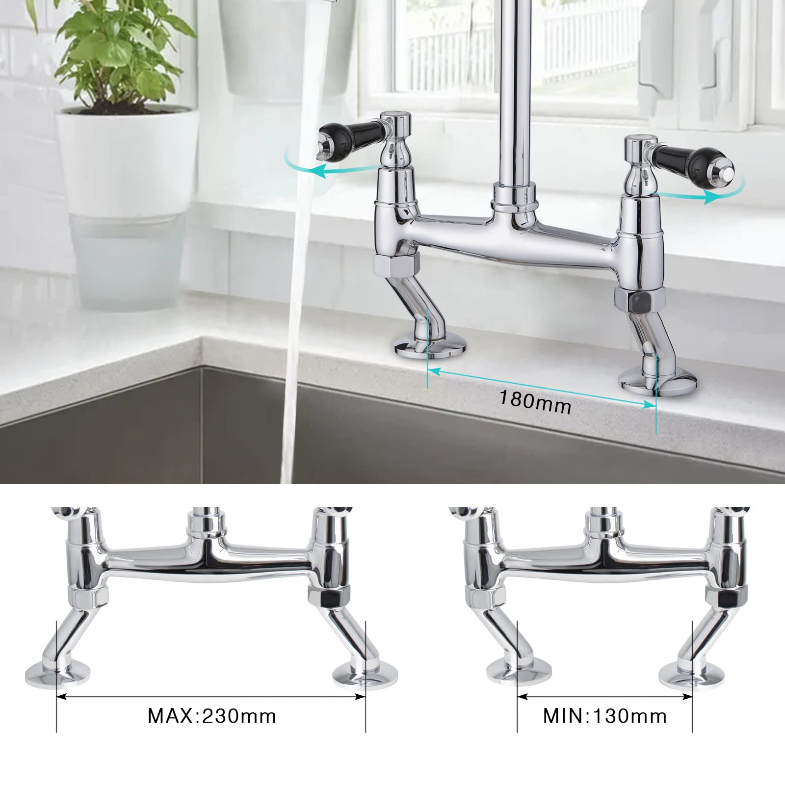 JASSFERRY Robinet mitigeur traditionnel en céramique noire avec poignées à levier montées sur le plateau monobloc classique 2 trous pour évier de cuisine chromé avec bec pivotant