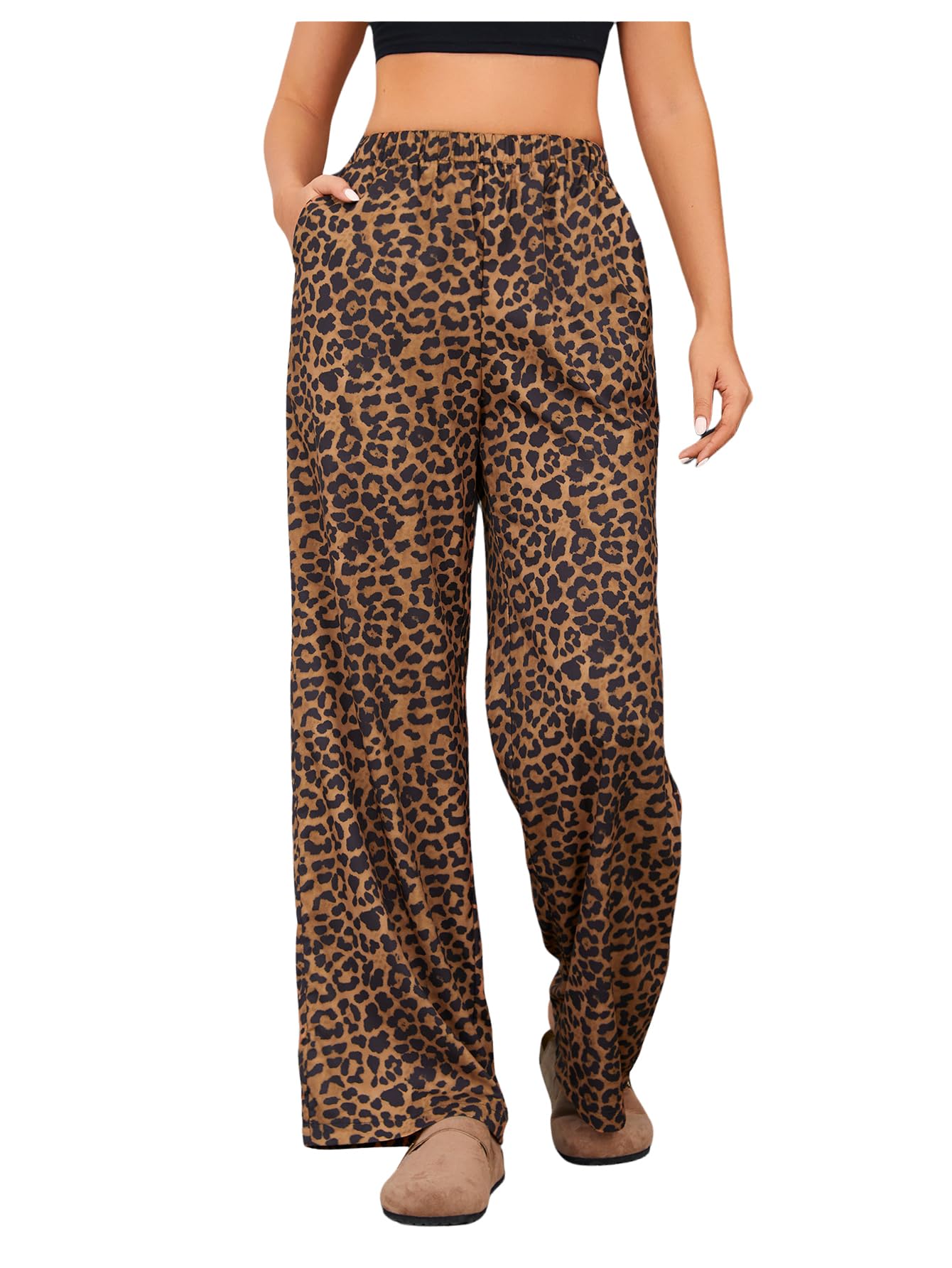 OYOANGLE Womens Leopard Print Elastic High Waist Long Pants Cheetah Printed Wide Leg Loose Trousers with Pockets