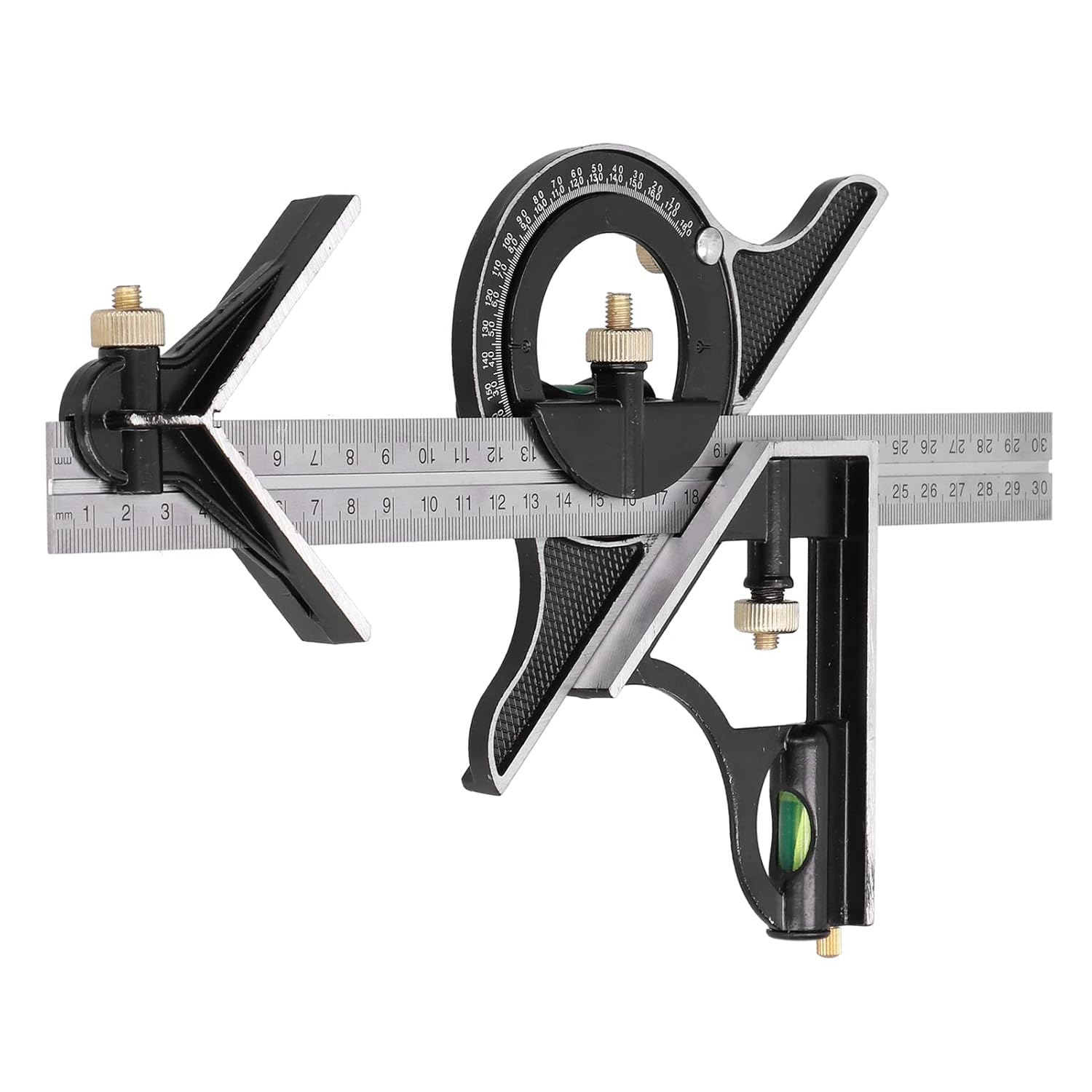 12 in Combination Square Stainless Steel Aluminum Alloy Adjustable Sliding Ruler and Protractor Level Measure Measuring Set, for Engineering Wood Working Home Repair