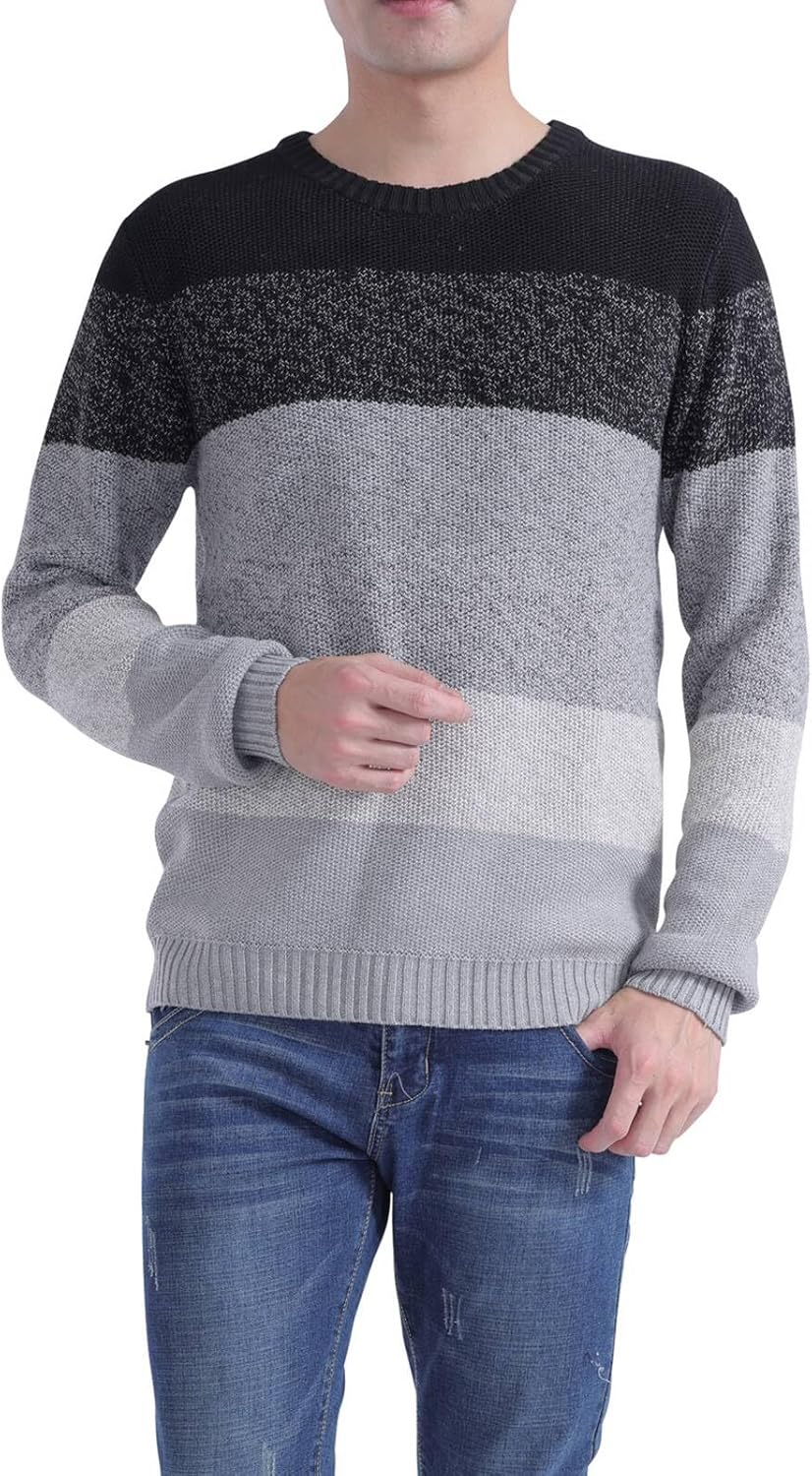 Mens Crewneck Pullover Sweater Casual Color Block Striped Sweater Winter Thermal Cottton Knitted Long Sleeve Sweaters