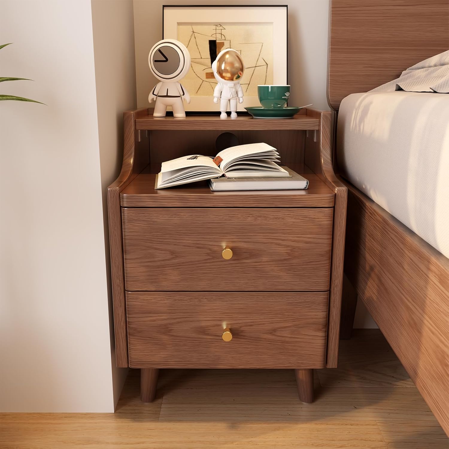 Narrow Nightstand with 2 Drawers,Walnut Nightstand,Bedside Table,Solid Wood Modern Bedside Table for Bedroom,Study,Toilet