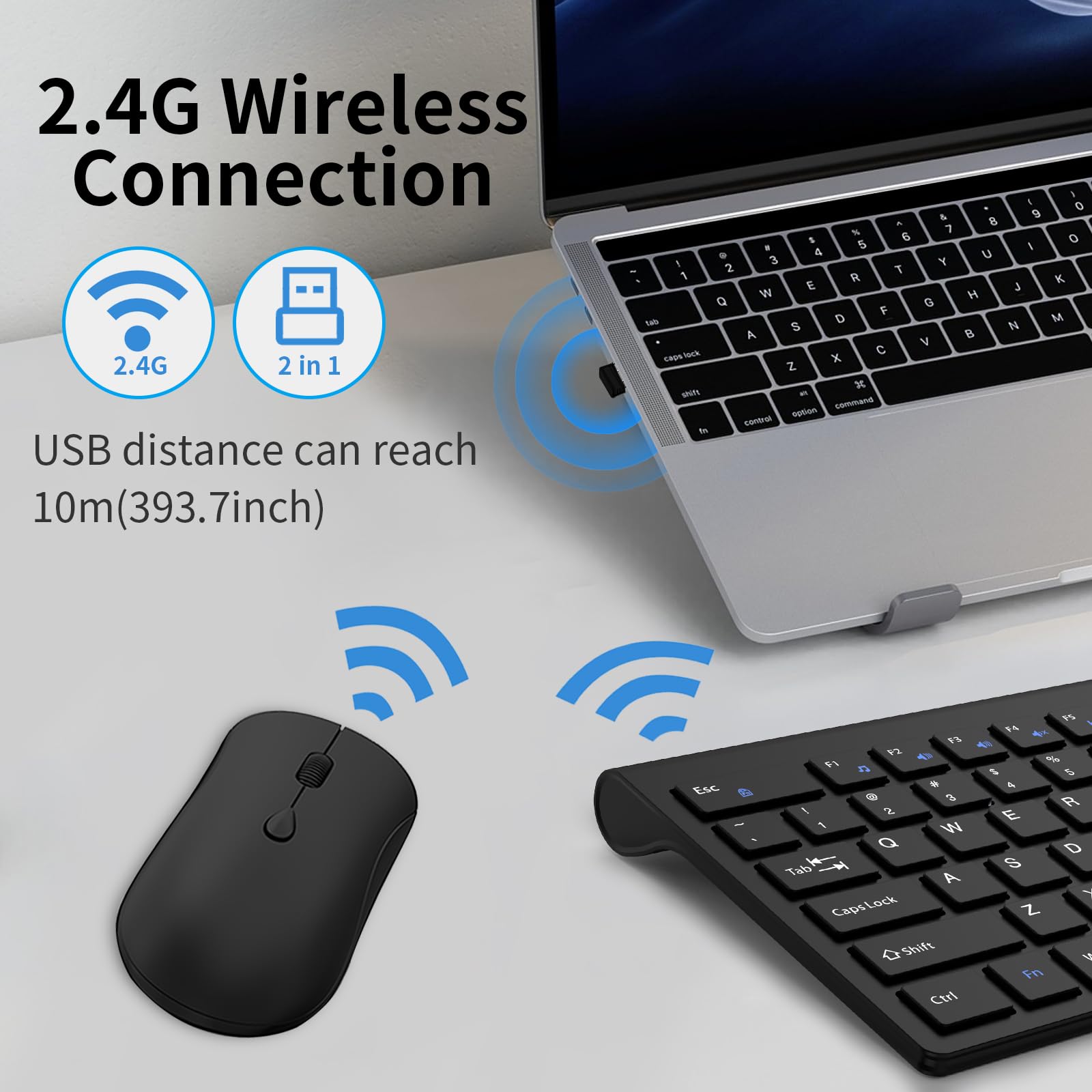 Tastiera wireless e mouse, tastiera silenziosa per computer full-size con pulsante calcolatrice, mouse 2400 DPI, clic silenzioso, set USB sottile senza fili per laptop, PC, Windows Mac, nero