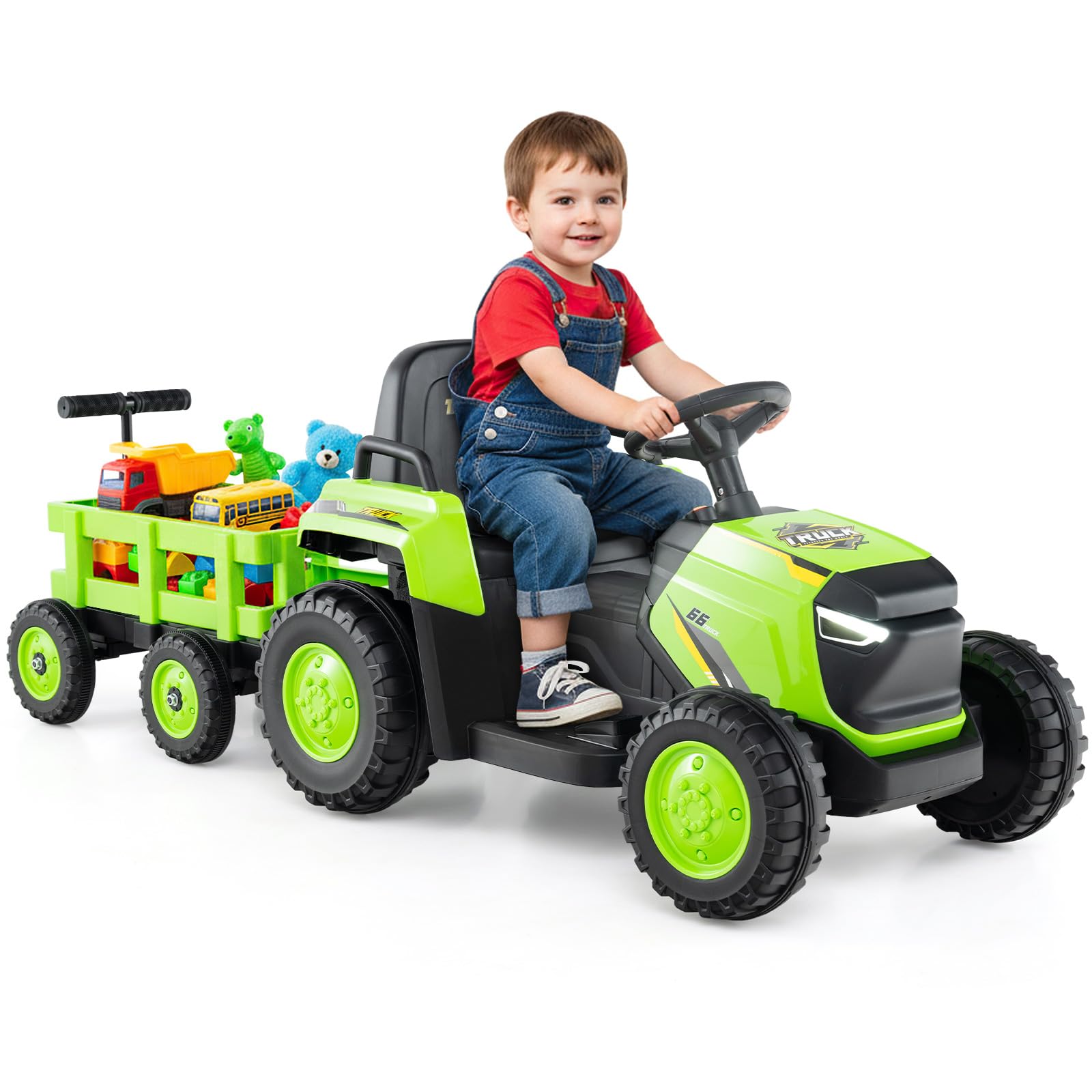 COSTWAY Tractor Eléctrico para Niños 12V, Coche Eléctrico para Niños con Remolque Desmontable, Mando a Distancia, Faros LED y Música, Tractor Juguete a Batería para Niño de 3 a 8 Años (Verde)