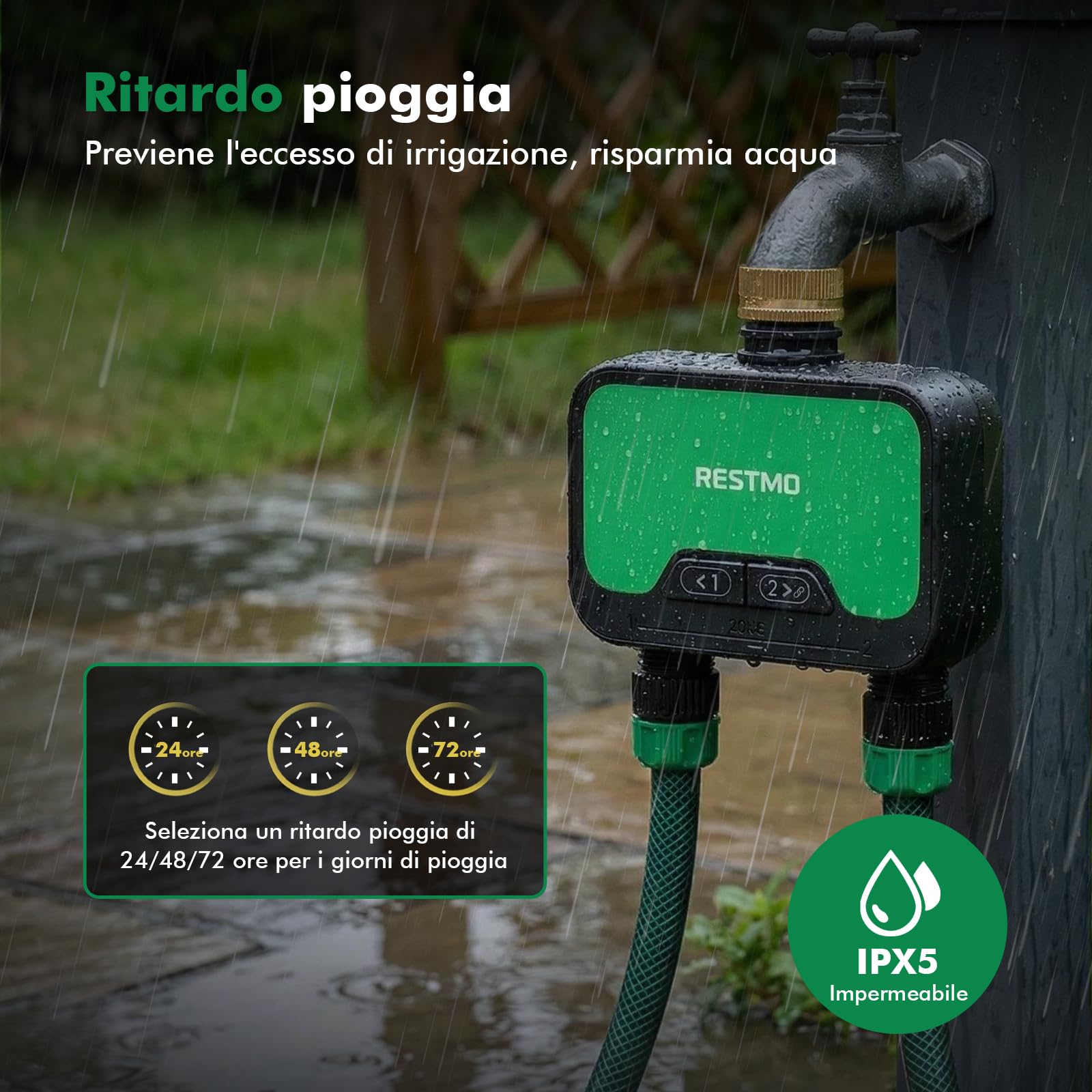 RESTMO Timer Intelligente WiFi per Tubo da Giardino, Timer Irrigazione | Controllo APP, Ingresso in Ottone, Ritardo Pioggia, Sistema Irrigazione Manuale/Automatico, Modalità di Irrigazione
