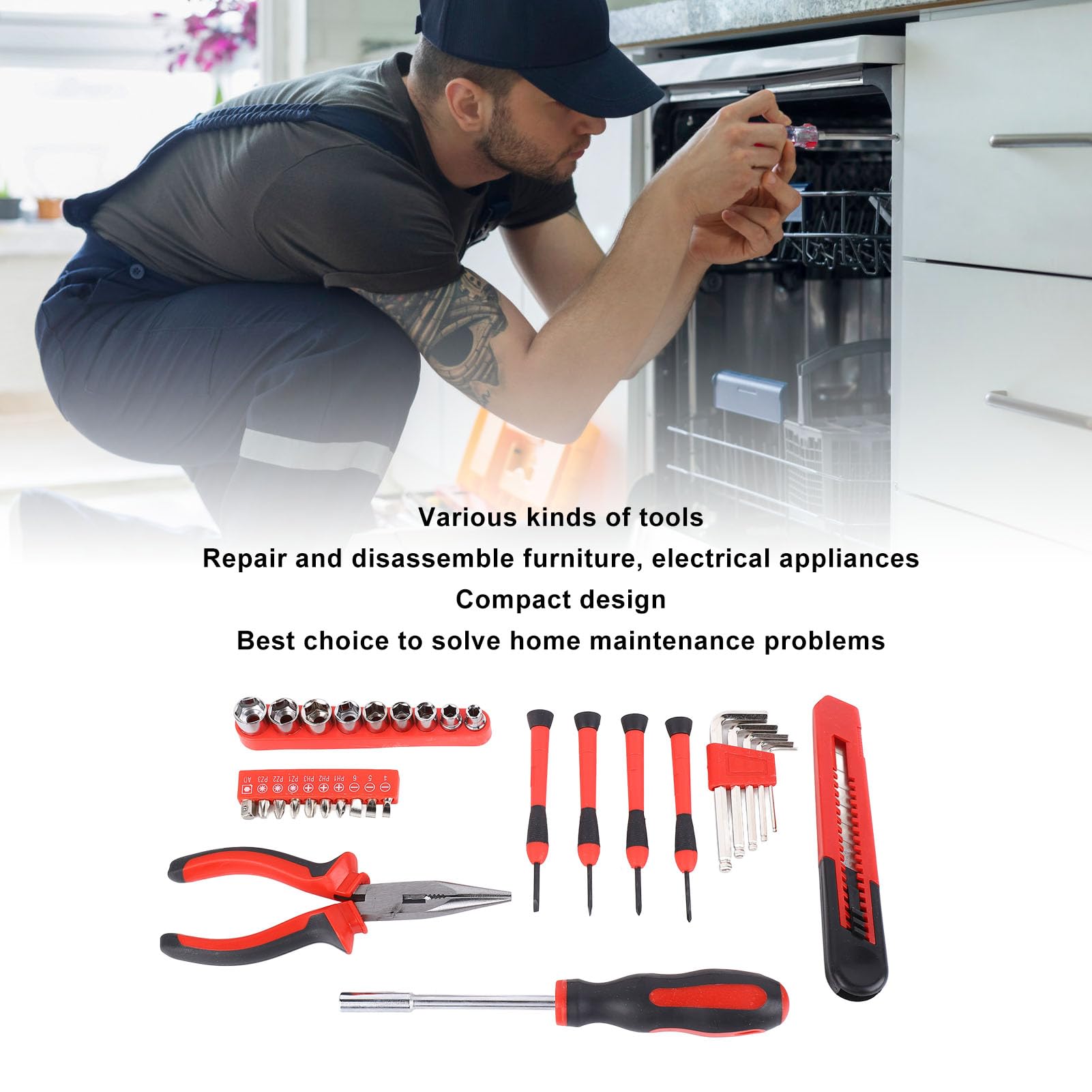 31Pcs Hardware Tool Set Carbon Steel Screwdriver Needle Nose Pliers Wrench Kit DIY Household Tools for Professional Garden Office Home Repair Maintain 3