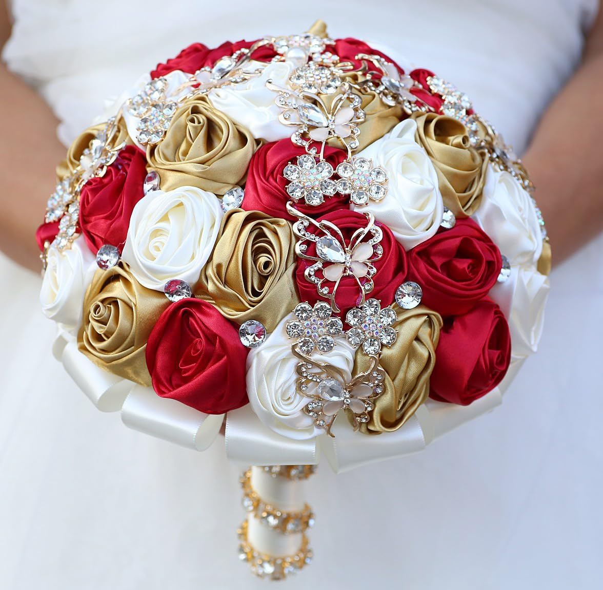 5.9" Mini Bridal Bouquet Handmade Satin Rose Round Wedding Bouquet Throw Toss Artificial Flower Bunch Ivory + Ruby Red + Pale Gold