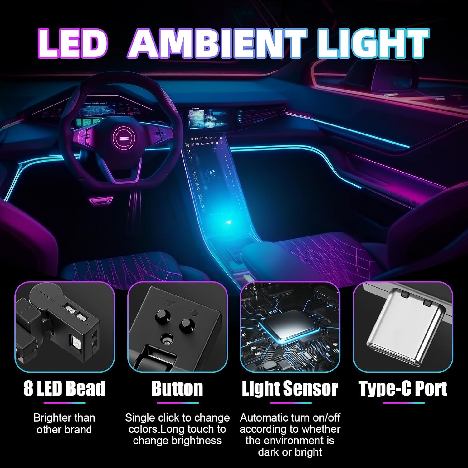 Frienda 2 Pcs Mini USB Light Car LED Interior Light, Manual Switch Type-c