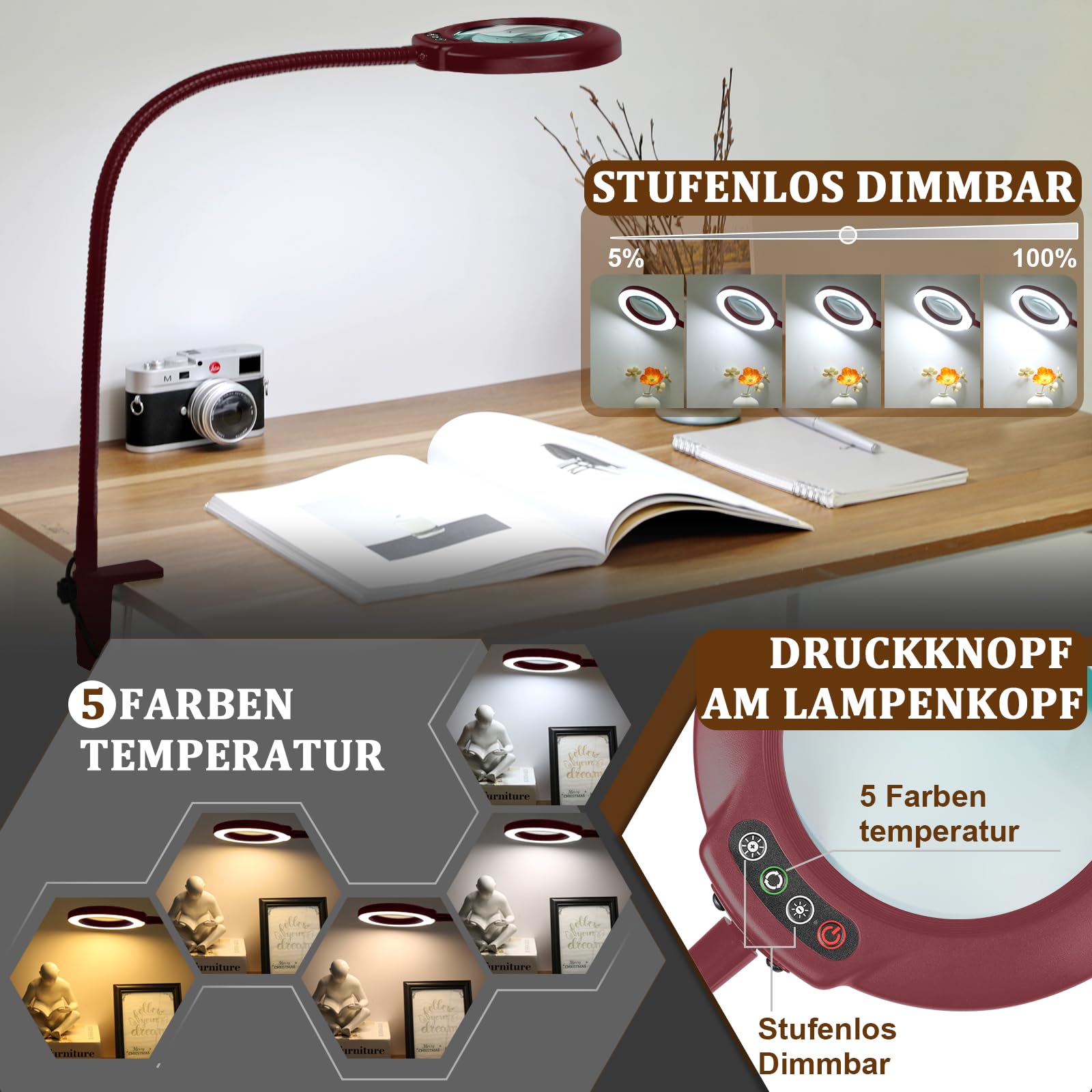 Veemagni 12X Lupe mit Licht und Klemme, Echtes Glas Lupenlampe, 5 Farbmodi Stufenlos Dimmbare, 23 Zoll Flexibler Schwanenhals Ständer Tischlupe mit Beleuchtung, LED Lupenleuchte für Lesen Hobby Rot