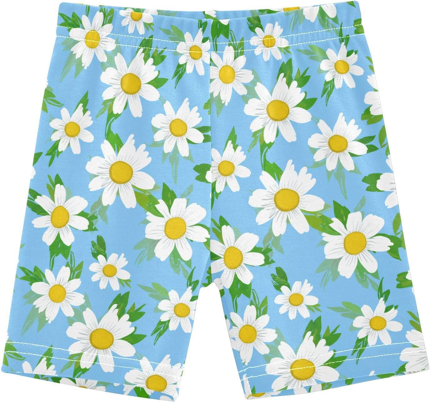 Leaves White Floral Girls Bike Shorts Toddler Soft Cotton Active Under Dress Shorts