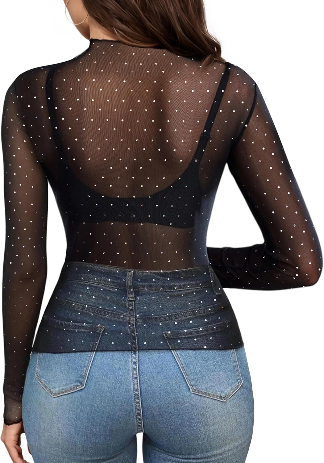 Buauty Sparkle Sheer Mesh Lace Top for Women See Through Layering Shirts Long Sleeve Mock Neck T Shirts 2025 Fashion - Image 5