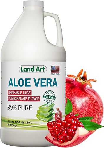 Land Art Jugo de aloe vera puro – Sabor a granada – Procesado en frío – Filete interior de hojas frescas orgánicas de Texas – Ayuda, 64 onzas