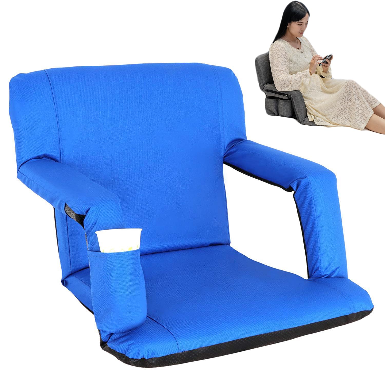 ZephPerton 5 Position Reclining Stadium Seat, Blue Padded Stadium Seat Chair Bleachers with Back Support and Shoulder Straps, Ergonomic Design for Sports Events, Concerts, Beach,Camping