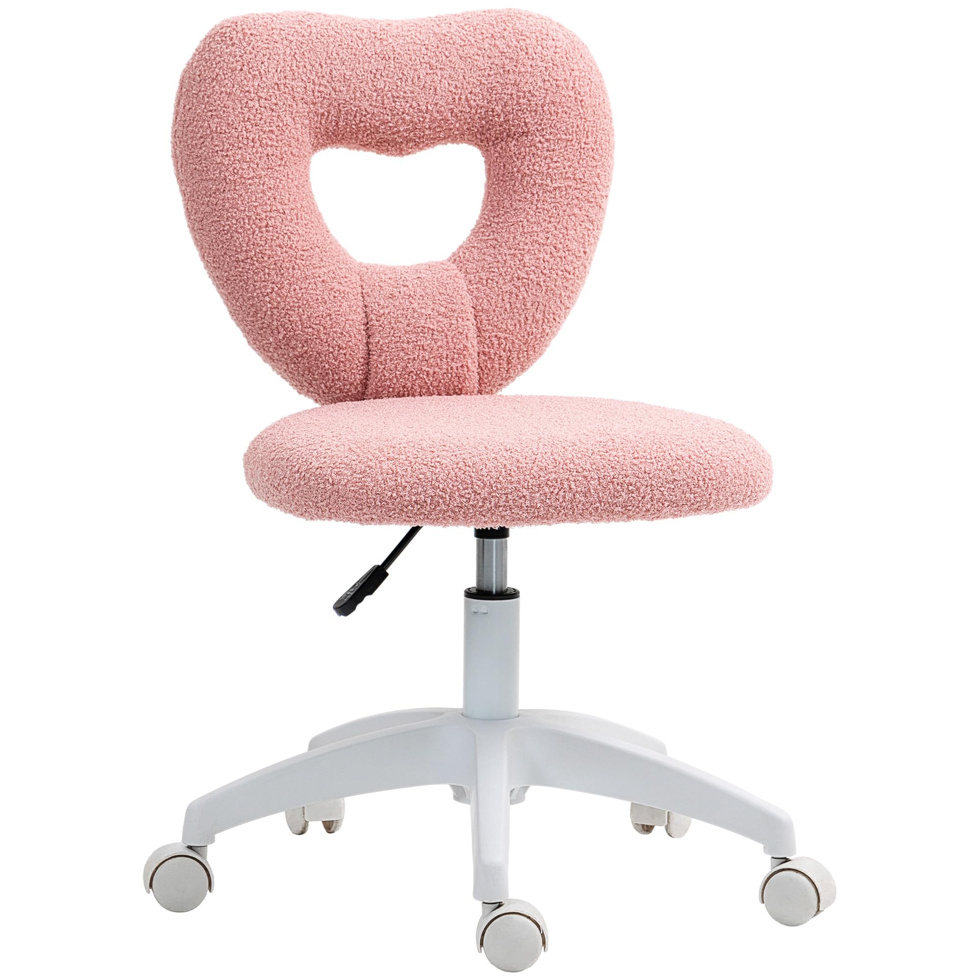 HOMCOM Armless Home Office Cute Desk Chair, Height Adjustable Computer Task Chair, Modern Teddy Fleece Heart Makeup Vanity Chair with Swivel Wheels,
