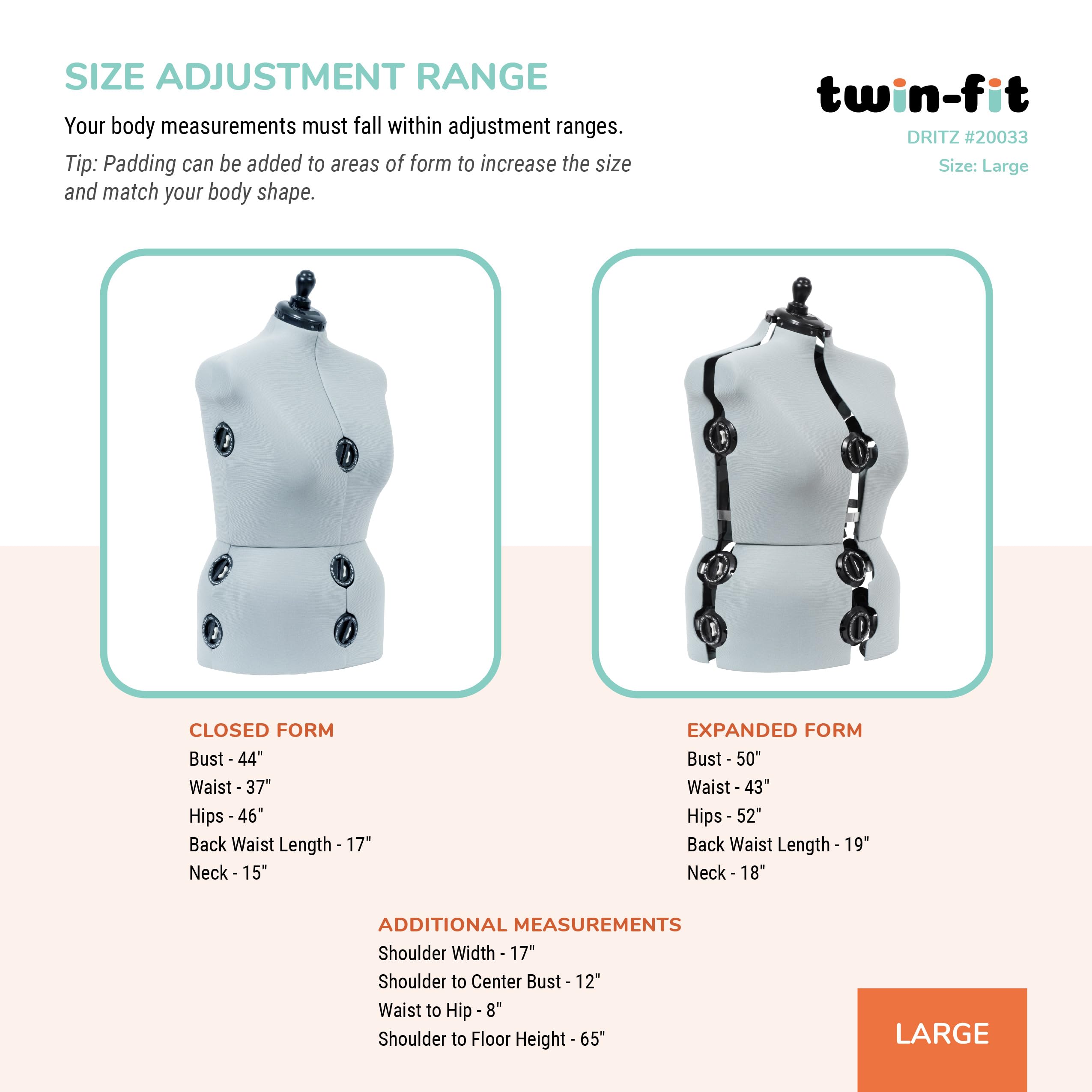Amazon.com: Dritz Twin-Fit Adjustable Dress Form - Large Sizes US 18-22 -  Female Clothing Mannequin for Sewing, Fitting, and Draping - Pinnable  Sewing Mannequin with 13 Dials for Fitting + 360 Hem