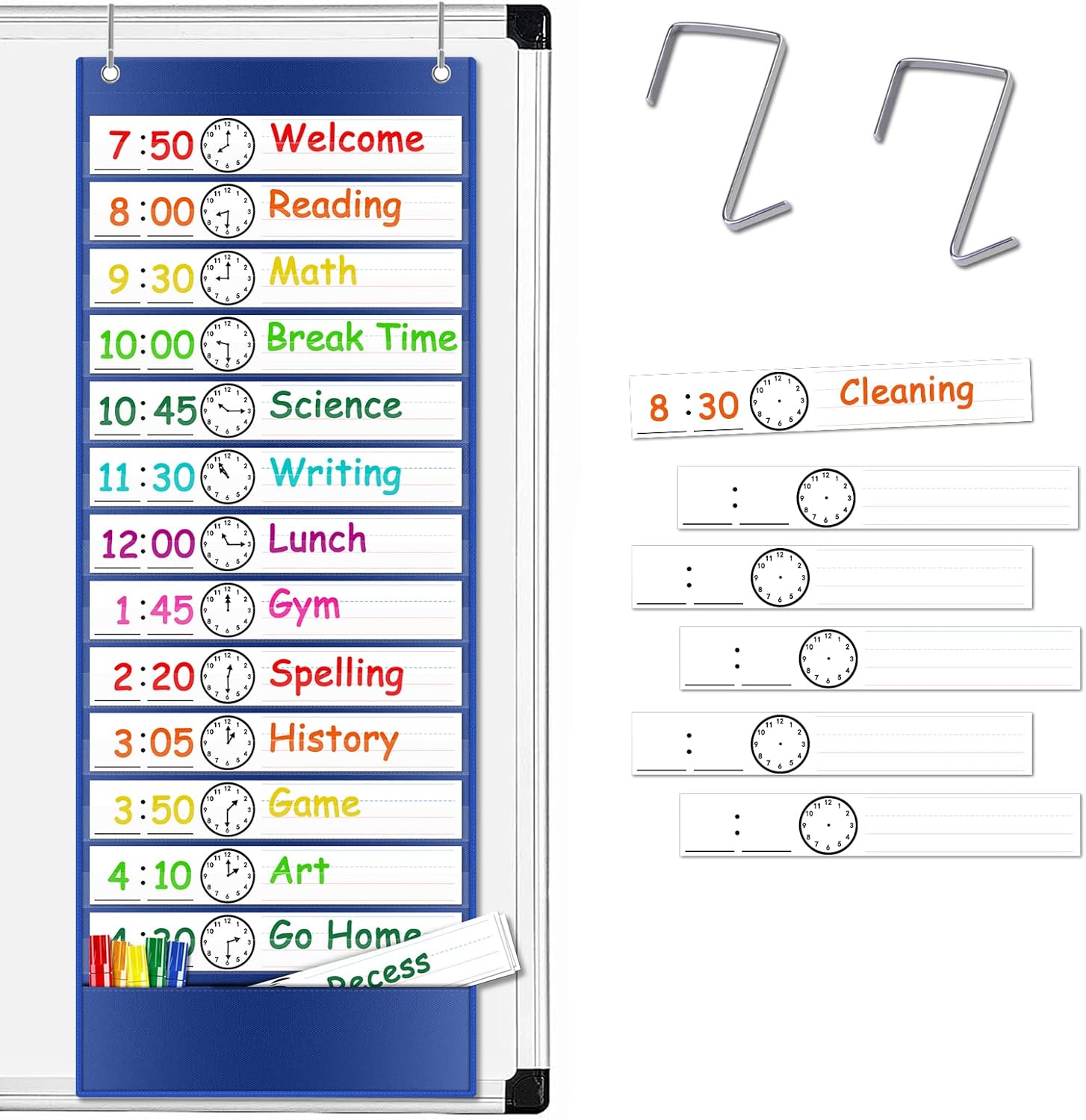 Daily Schedule Pocket Chart, Class Schedule with 13+1 Pockets 18 Dry Eraser Cards 2 Easy Over Door Mountings for Classroom, School, Office or Home (13” x 35.5”) (Blue)