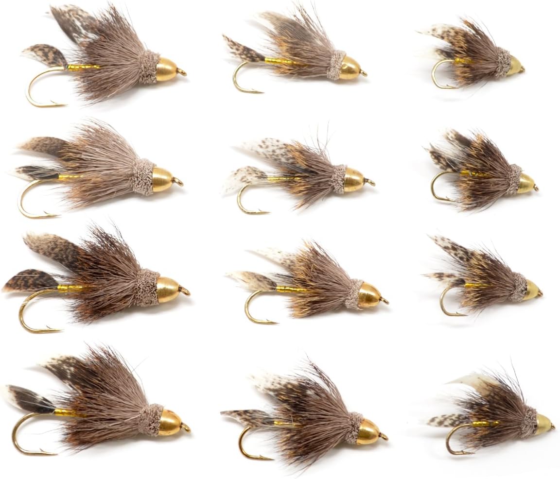 The Fly Fishing Place Trout Fly Assortment - Cone Head Muddler Minnow Streamer Flies Collection - 1 Dozen Flies - Sizes 2, 4, 6, 8