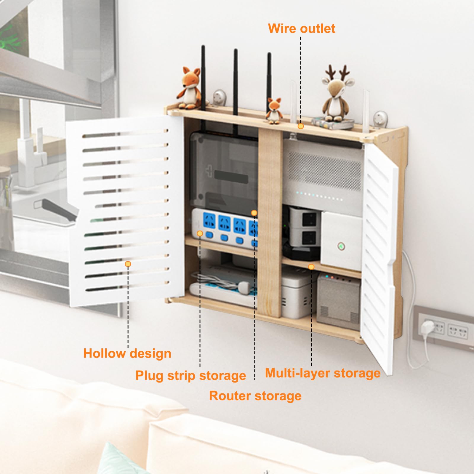 Porta Modem da Parete, Scatola di Immagazzinaggio per Router WiFi, Cavi, Prese, Mensola per Router WiFi da Parete - Doppia Porta, Legno Organizer Cavi per Casa e Ufficio(40×30cm,Double Layer)
