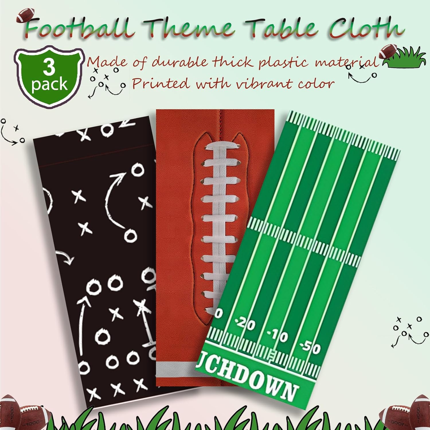 OQOQ Football Party Decorations Table Cloth(3 Packs), 108x54 Inches Football Theme Disposable Tablecloth Plastic Table Cover for Birthday Super Bowl Games Decor