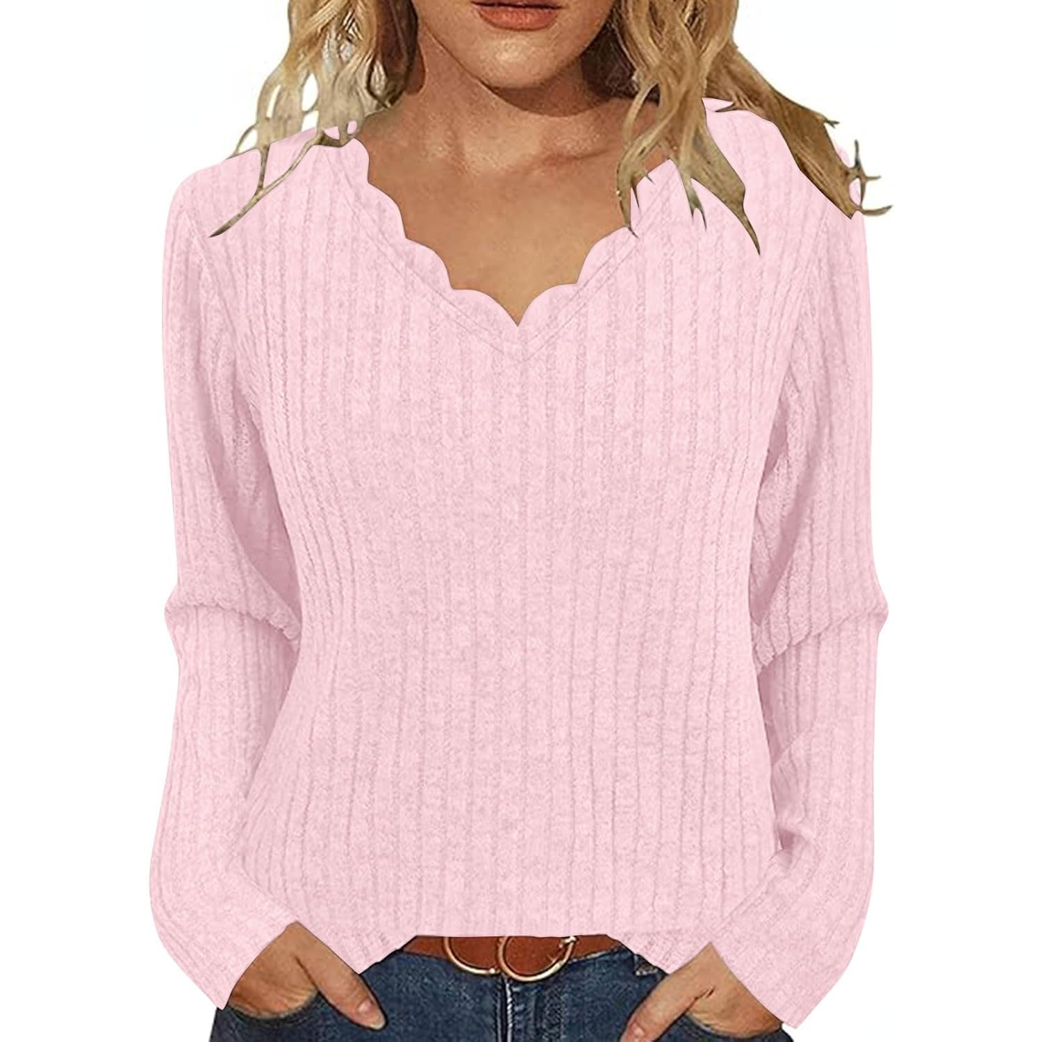 Sweater for Women Fall V Neck Long Sleeve Casual Lightweight Ribbed Knit Pullover Tunic Sweaters Casual Tops
