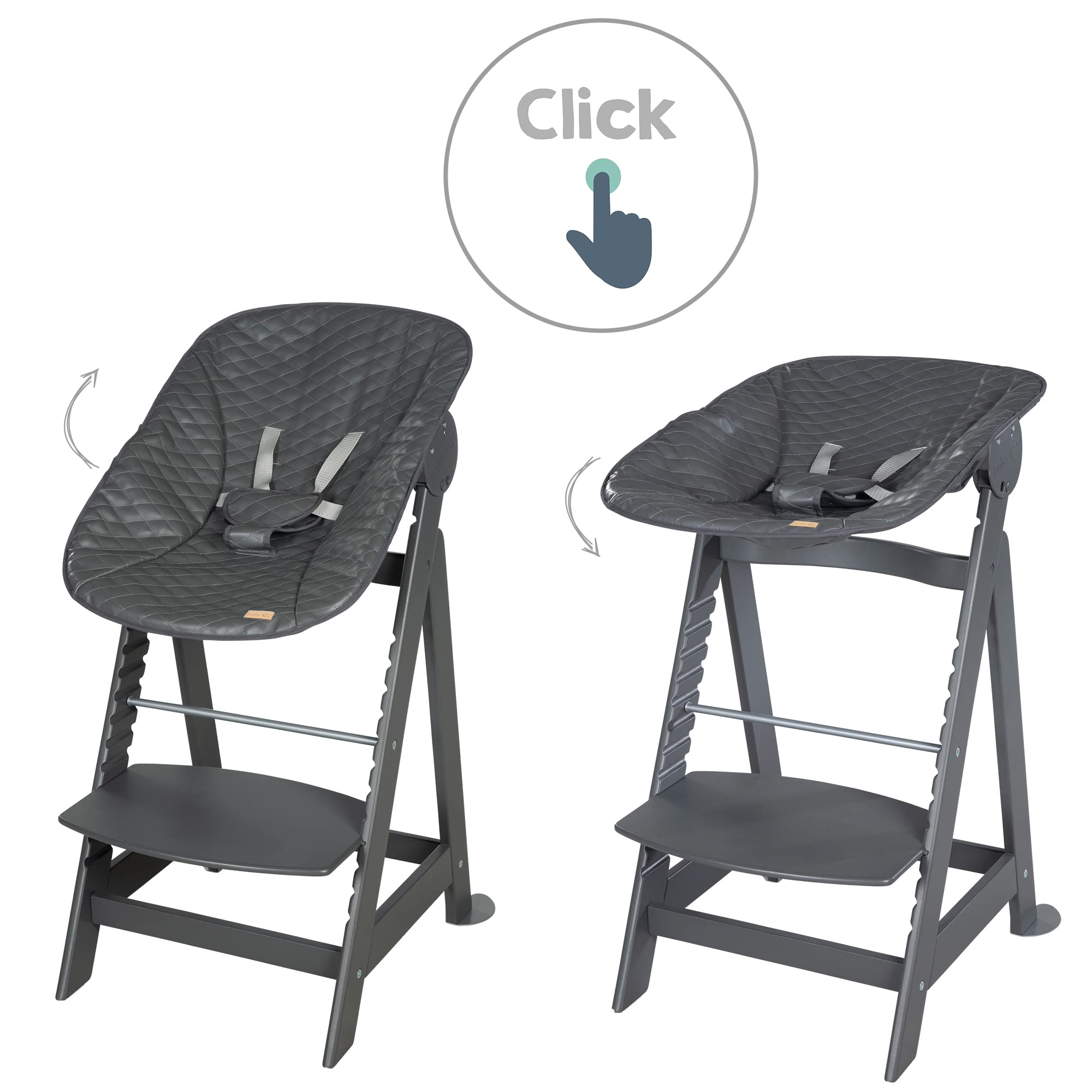 roba Seggiolone "Born Up" Set 2 in 1 - Design "Graphite quilted" - Funzione Pieghevole - Imbracatura - 2 Posizioni - da 0 a 6 Mesi - Legno Laccato Grigio Antracite