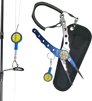 HOOK-EZE Aluminum Fishing Pliers and Knot Tying Tool Combo - Hook Remover - Braid Line Cutting and Split Ring with Coiled Lanyard and Sheath - Saltwater Freshwater Fly Fishing - Blue