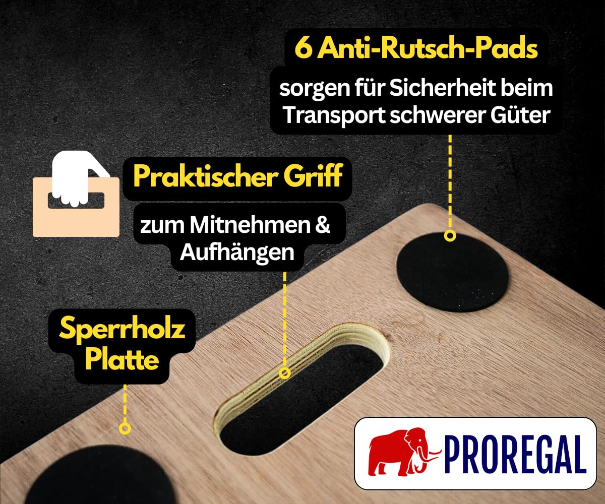 PROREGAL Profi Transportroller Hercules 30x68 cm Schwerlast bis 300 kg mit 6 Gummirollen & Griff, Sperrholzplatte, Rollbrett für Möbel Möbelroller Transporthilfe für Umzug Pflanzen Werkstatt