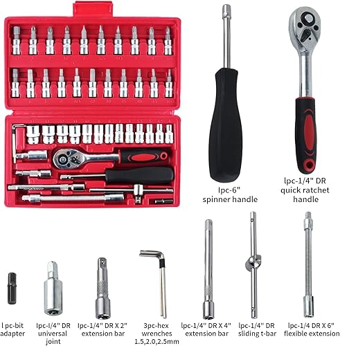 Miniatura 3 de YuuKai Juego de llaves de trinquete de 46 piezas de 14 de pulgada, adecuado para herramientas de reparación de bicicletas, motocicletas y