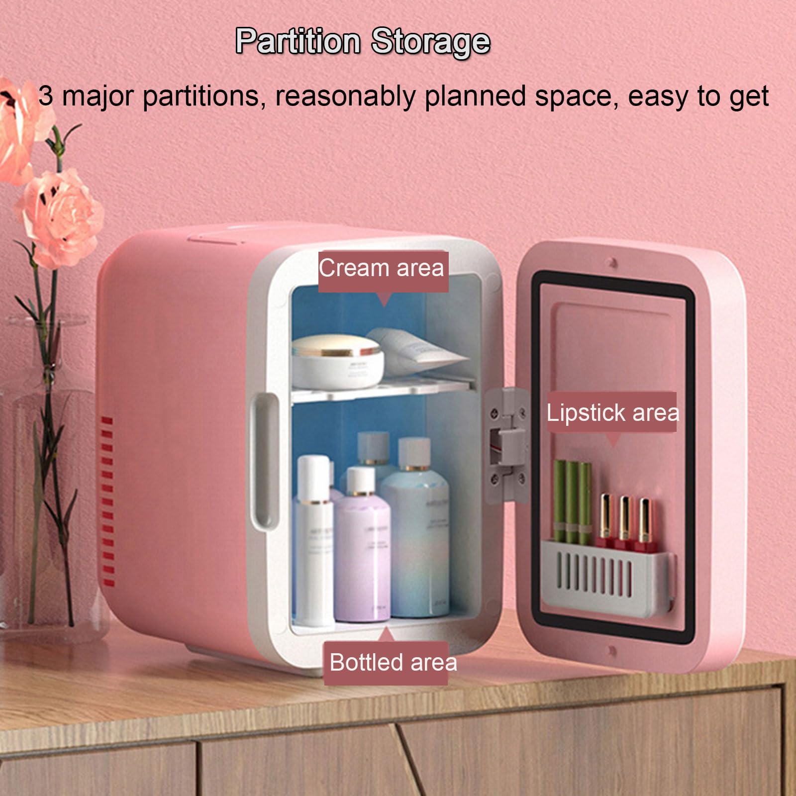 UNYQBFKM Skincare Fridge With Dimmable LED Light Mirror, 4L Makeup Mini Fridge for Bedroom Car Office Cooler & Warmer Portable Small Refrigerator for Cosmetics Skin Care and Food