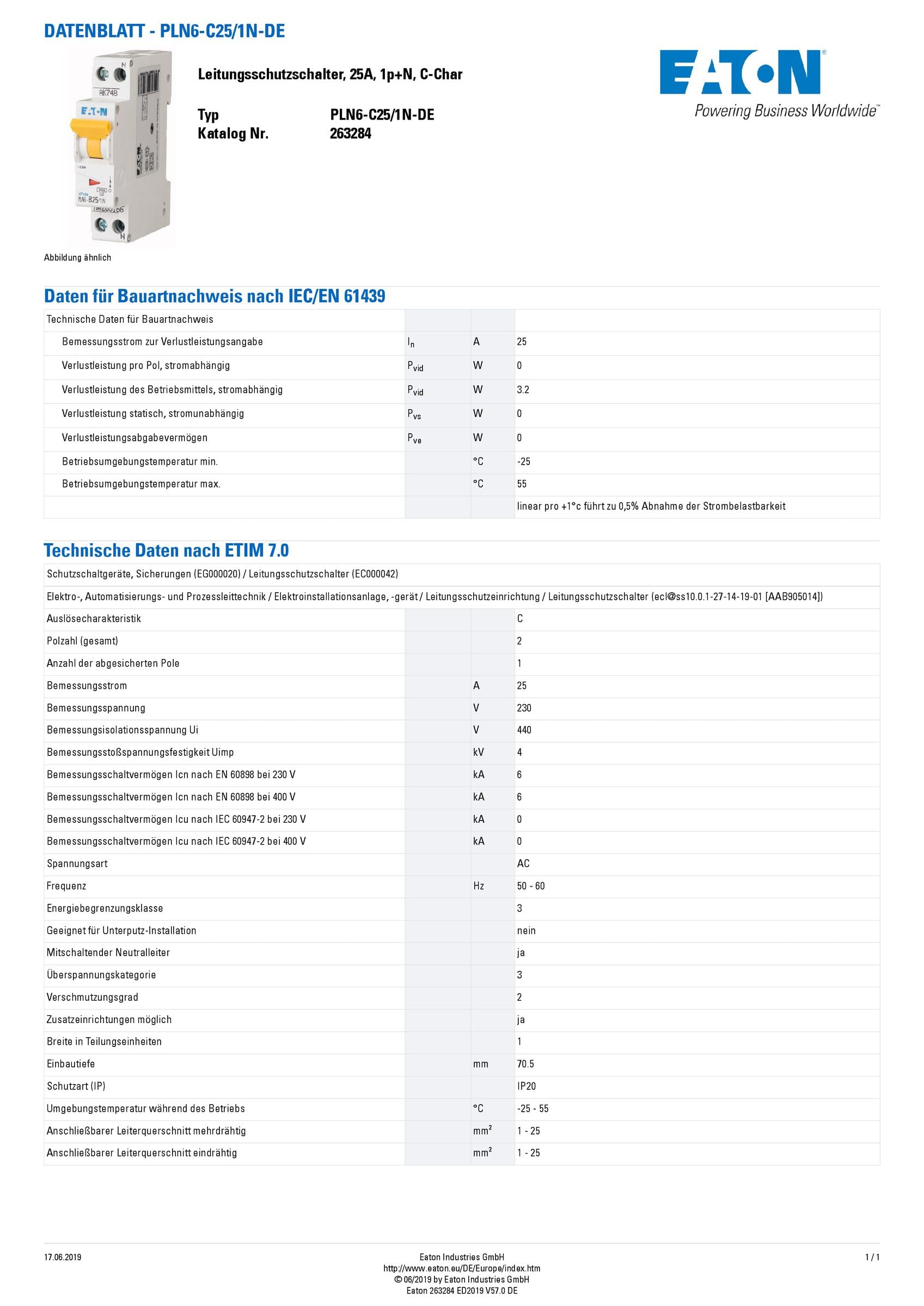 Eaton PLN6-C25/1N-DE Leitungsschutzschalter 25A 1P+N 1-polig+N C-Charakteristik LS-Schalter 1 TE eine Teilungseinheit breit (263284)