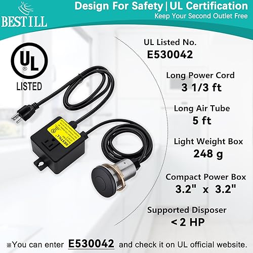 Miniatura 5 de BESTILL Kit de interruptor de aire de eliminación de basura, botón de acero inoxidable negro mate, listado UL, interruptor de encendidoapagado