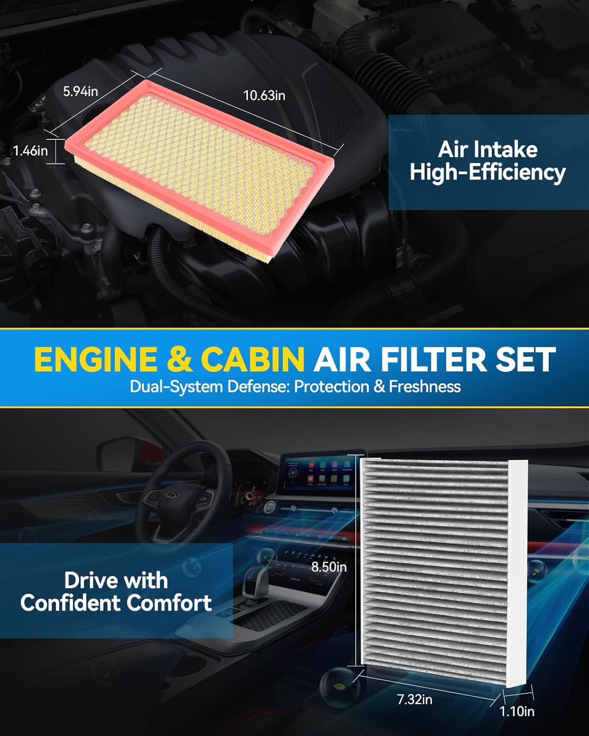 PHILTOP Engine & Cabin Air Filter Set, Compatible with Toyota Corolla, RAV4, Camry, Sienna, Highlander, C-HR and Lexus ES300h, NX350h, RX350h, UX200, Replace CA12289 CF12157 Car Accessories