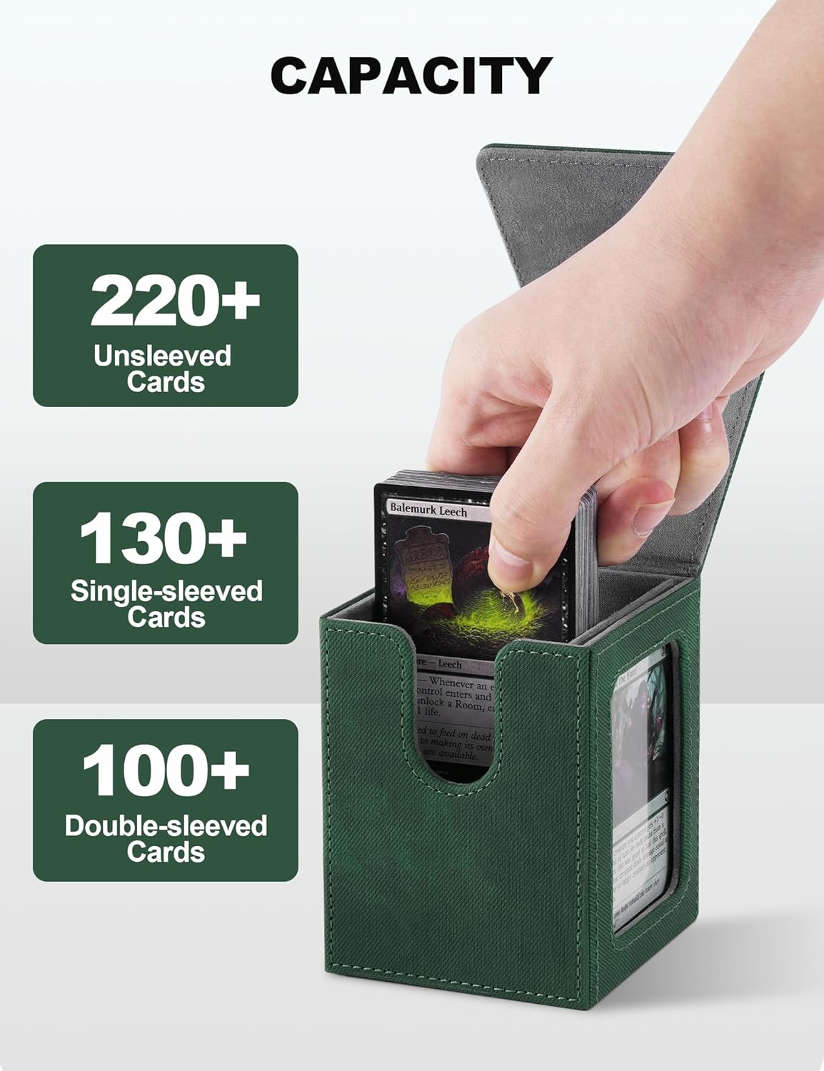 MTG Deck Box with Commander Display, Deck Case Holds 100+ Double-Sleeved Cards, Trading Card Storage Box Fits TCG/PTCG/Sports Card(Grean&Gray)