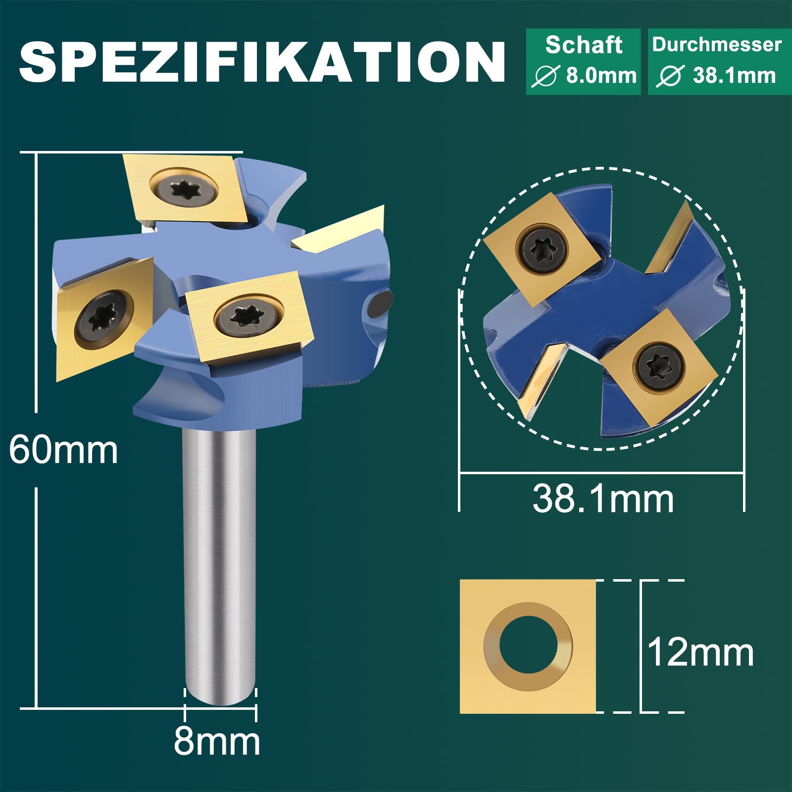 Frez czołowy 8 mm, trzpień, 4 zęby, Ø 38,1 mm, frez czołowy do frezarki górnowrzecionowej, z płytkami obrotowymi, frez rowkowy, nano-niebieska powłoka, frez do drewna, narzędzia do obróbki drewna