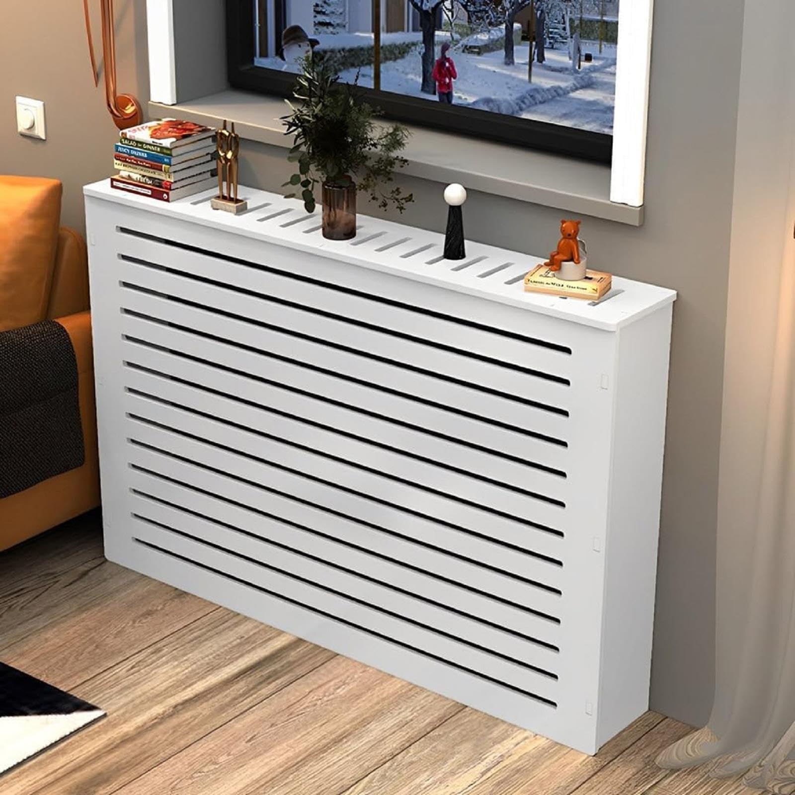 Cubierta de radiador blanca en MDF con estante superior para salon o dormitorio
