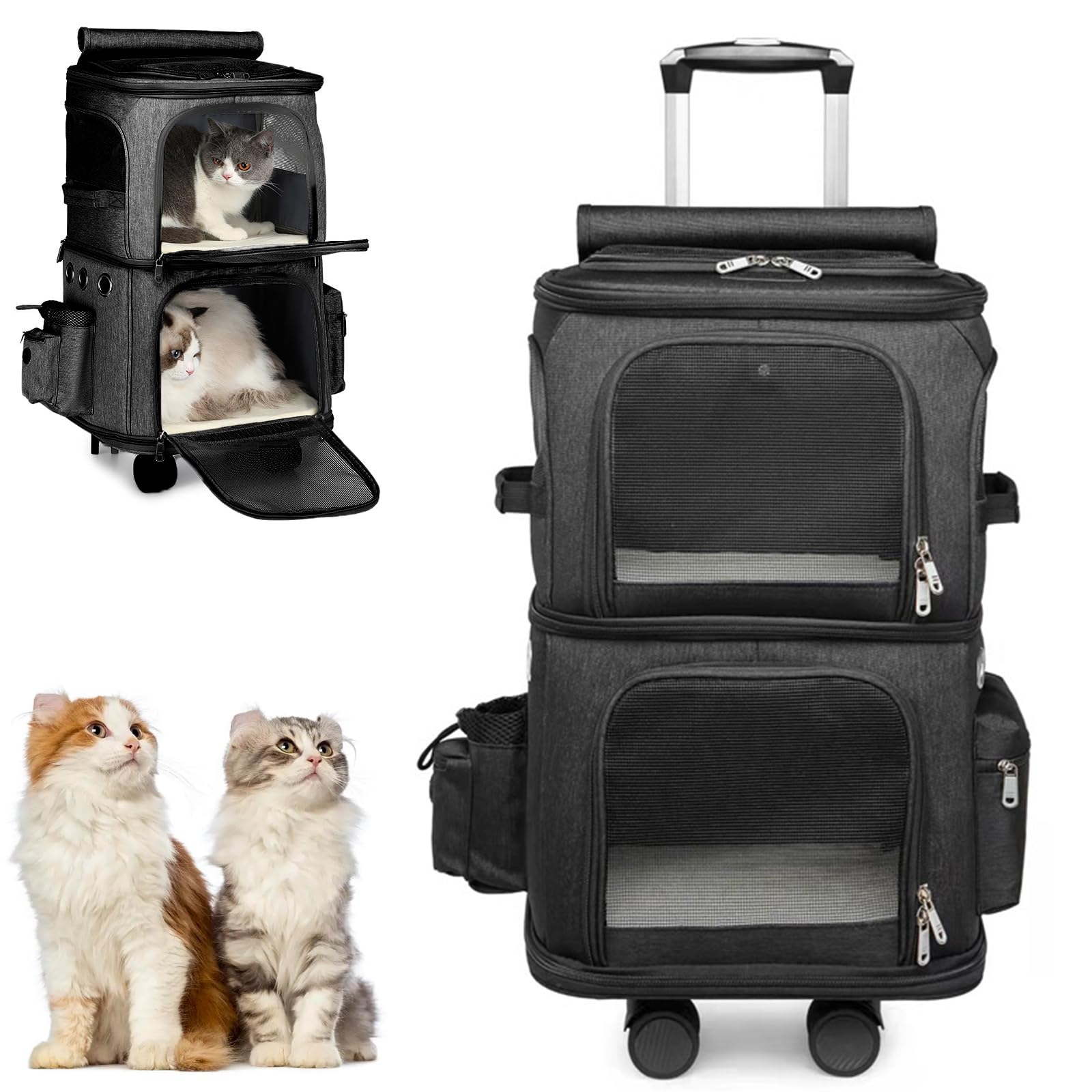 Transportín para Mascotas con Ruedas, Mochila Doble para Gatos con Ruedas Desmontables, Bolsa De Viaje Portátil, Mochila Plegable para 2 Gatos/Perros Pequeños/Conejos,Negro